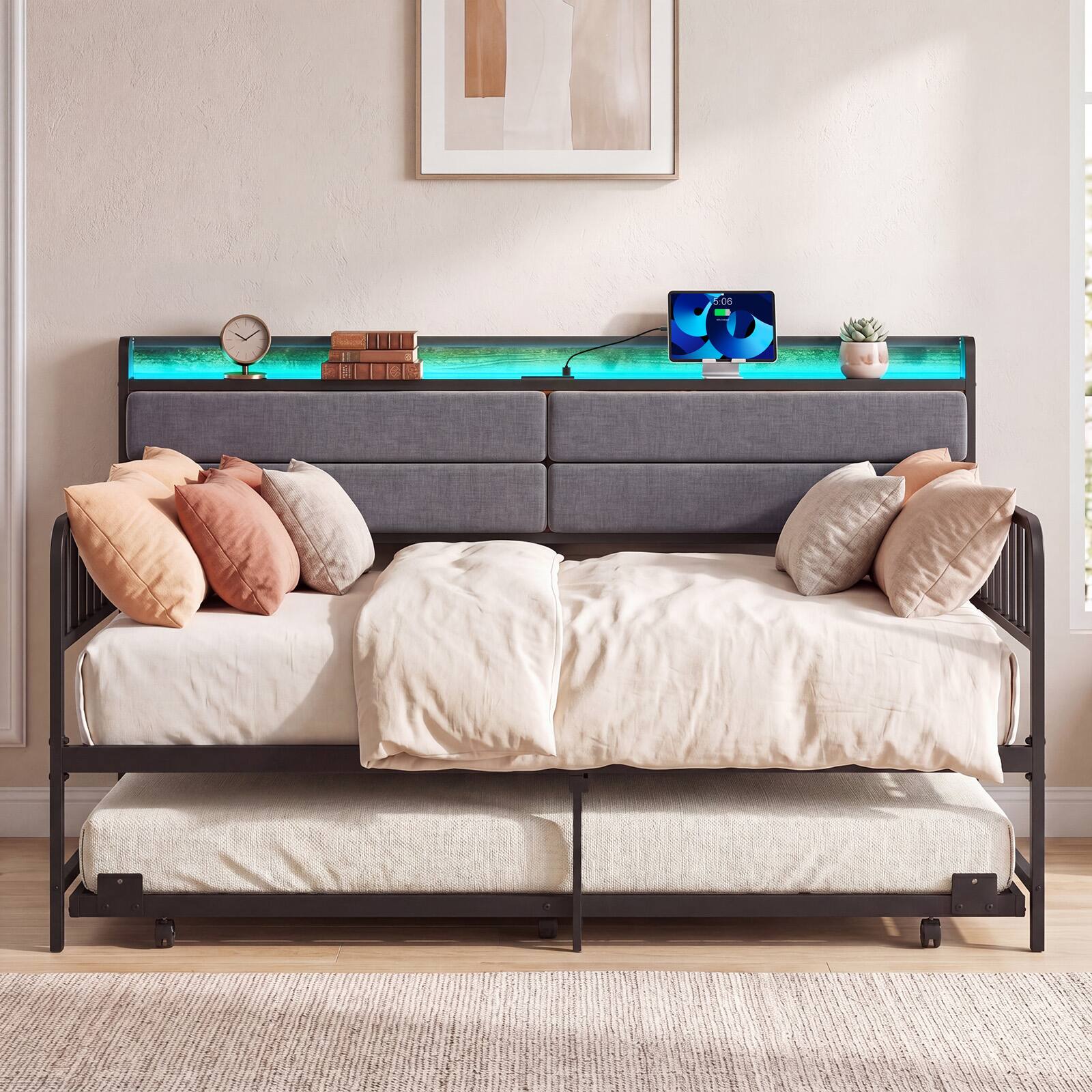 Alt View 3. Costway - Costway Daybed with Trundle LED Lights Charging Station Upholstered Storage Headboard - Rustic Brown & Black.