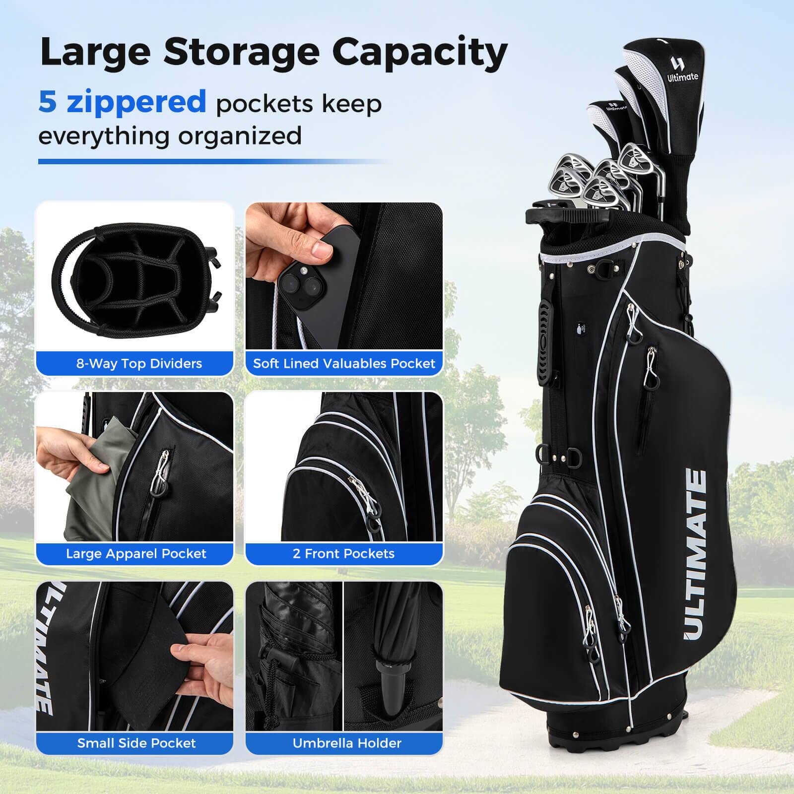 Large Storage Capacity  
5 zipped pockets keep everything organized  

- 8-Way Top Dividers  
- Soft Lined Valuables Pocket  
- Large Apparel Pocket  
- 2 Front Pockets  
- Small Side Pocket  
- Umbrella Holder  

ULTIMATE