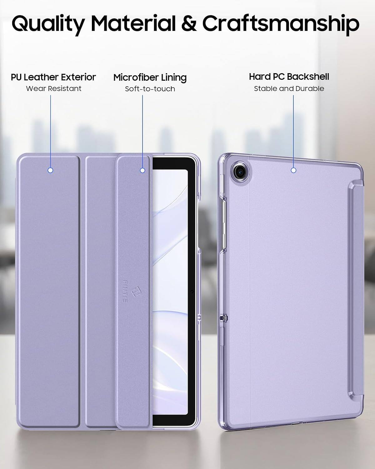 Quality Material & Craftsmanship

PU Leather Exterior
Wear Resistant

Microfiber Lining
Soft-to-touch

Hard PC Backshell
Stable and Durable

FINTIE