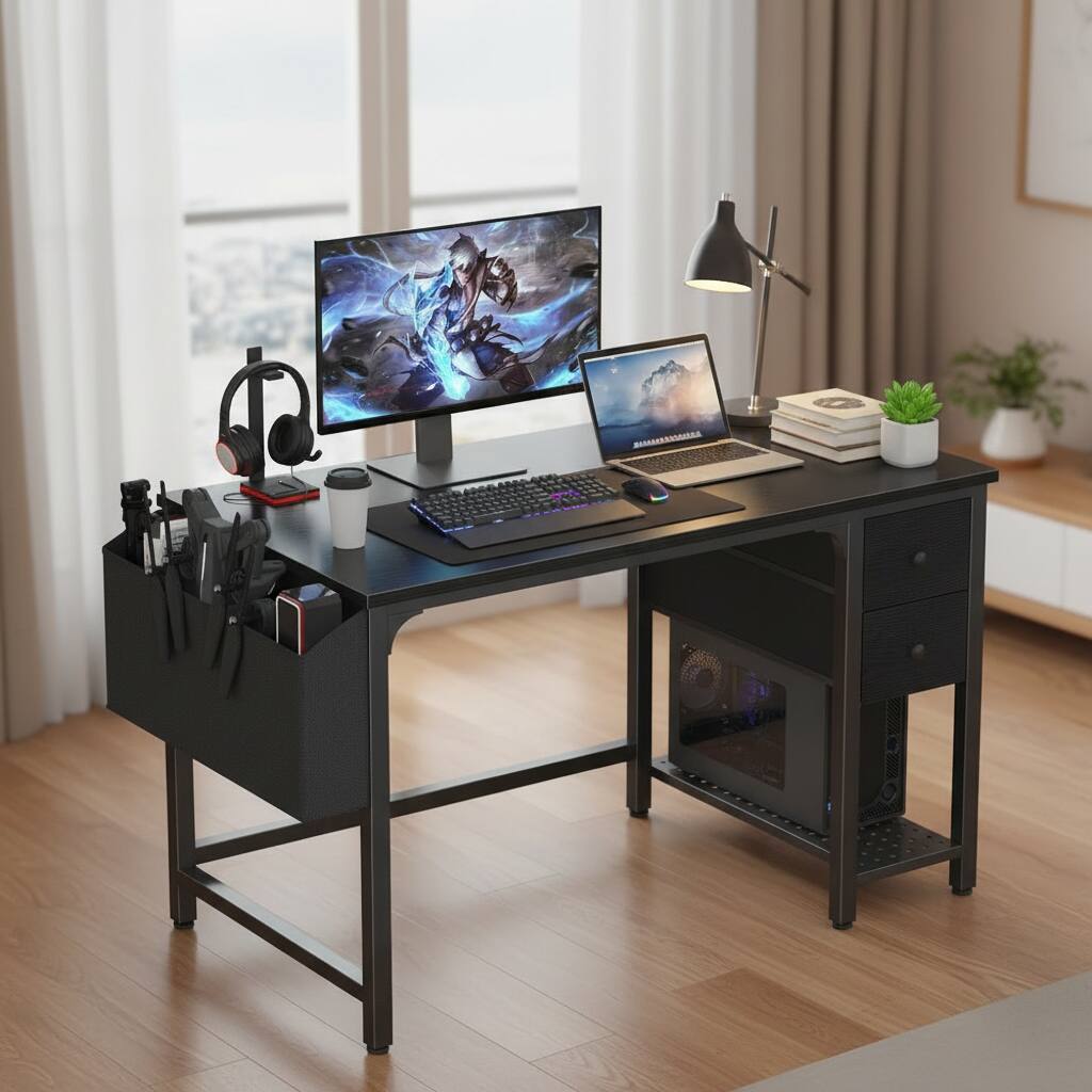 Left. ZUQIETA - ZUQIETA 40" Reversible Computer Desk with Fabric Drawers - Gaming & Study Table for Small Spaces - Black.