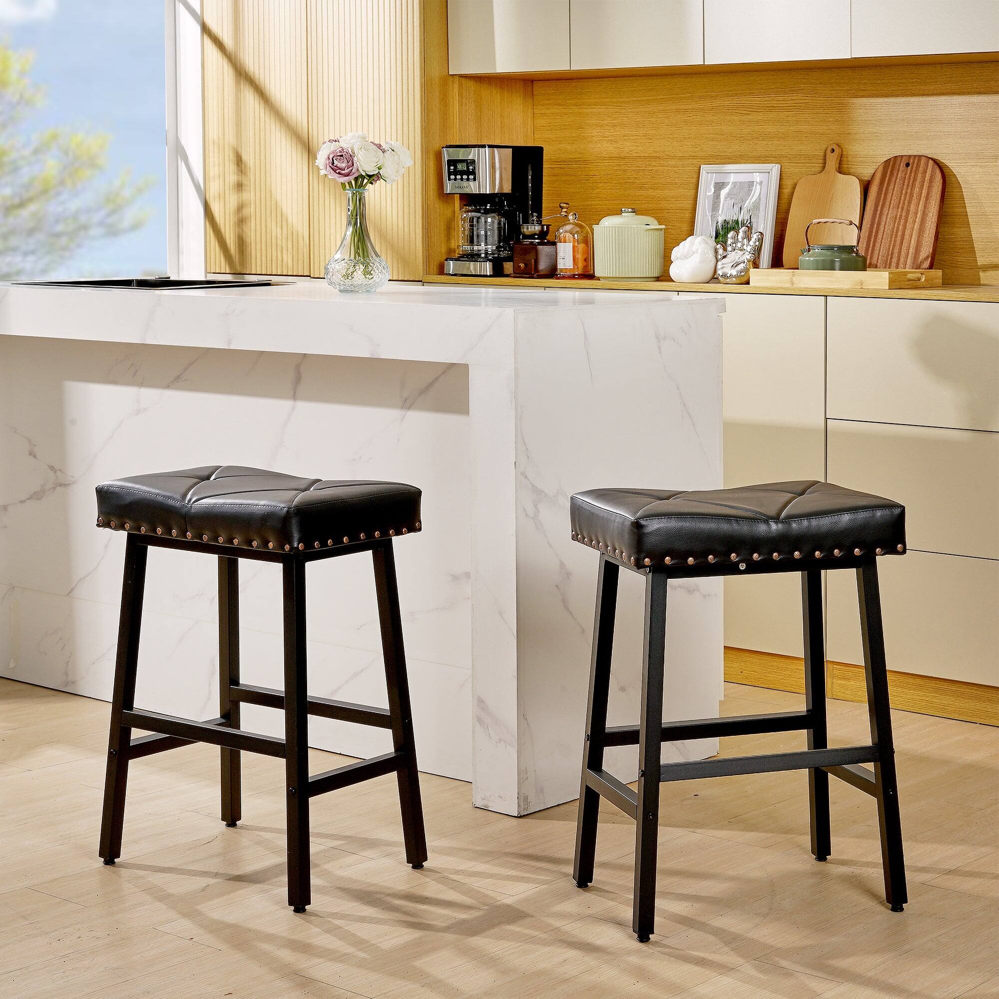 Alt View 4. Vecelo - Set of 2 Counter Height Bar Stools, Saddle Seat Backless Bar Stools, PU Leather Kitchen Island Stools with Footrest - Black.
