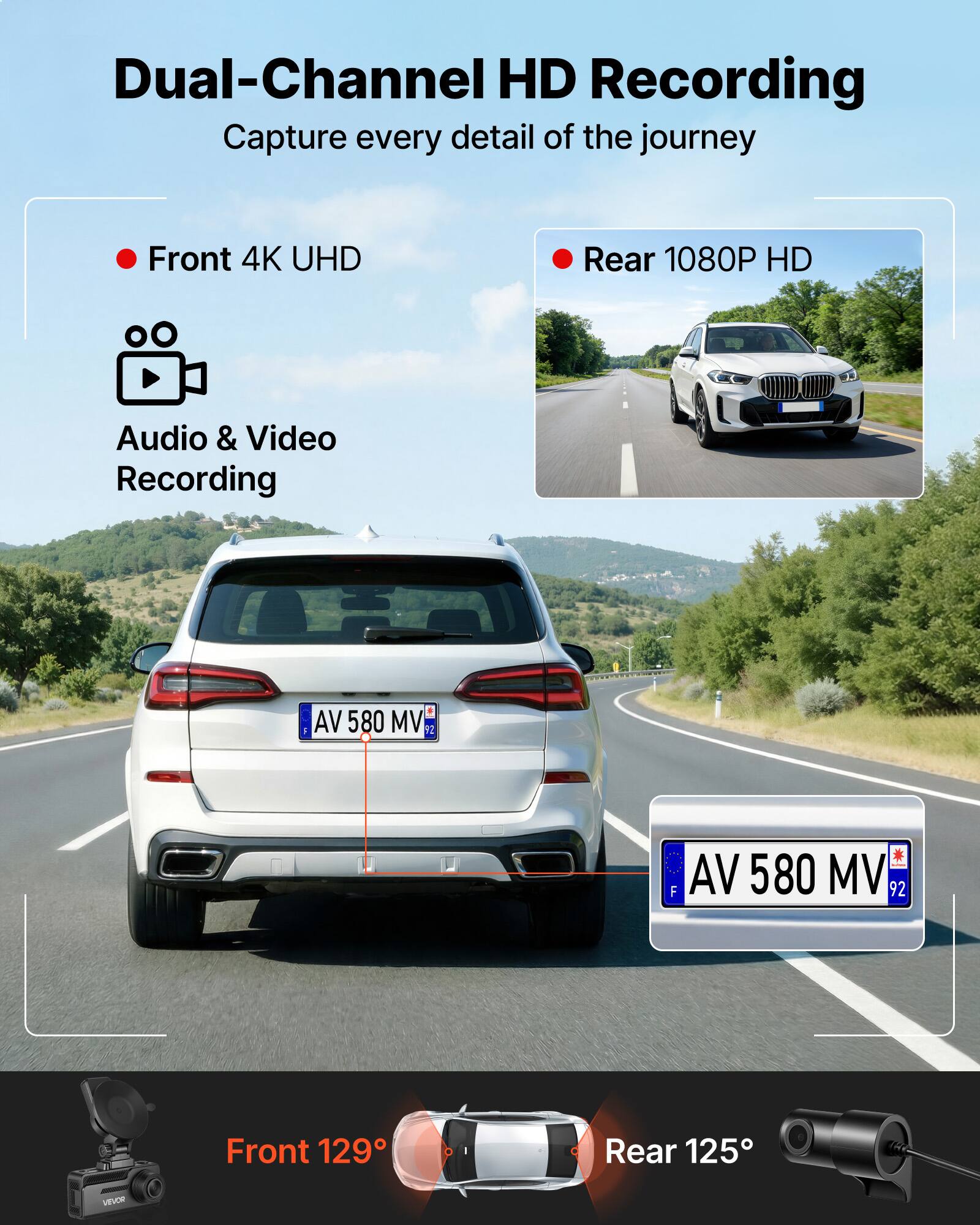 Dual-Channel HD Recording  
Capture every detail of the journey

- Front 4K UHD
- Rear 1080P HD
- Audio & Video Recording

Front 129°  
Rear 125°