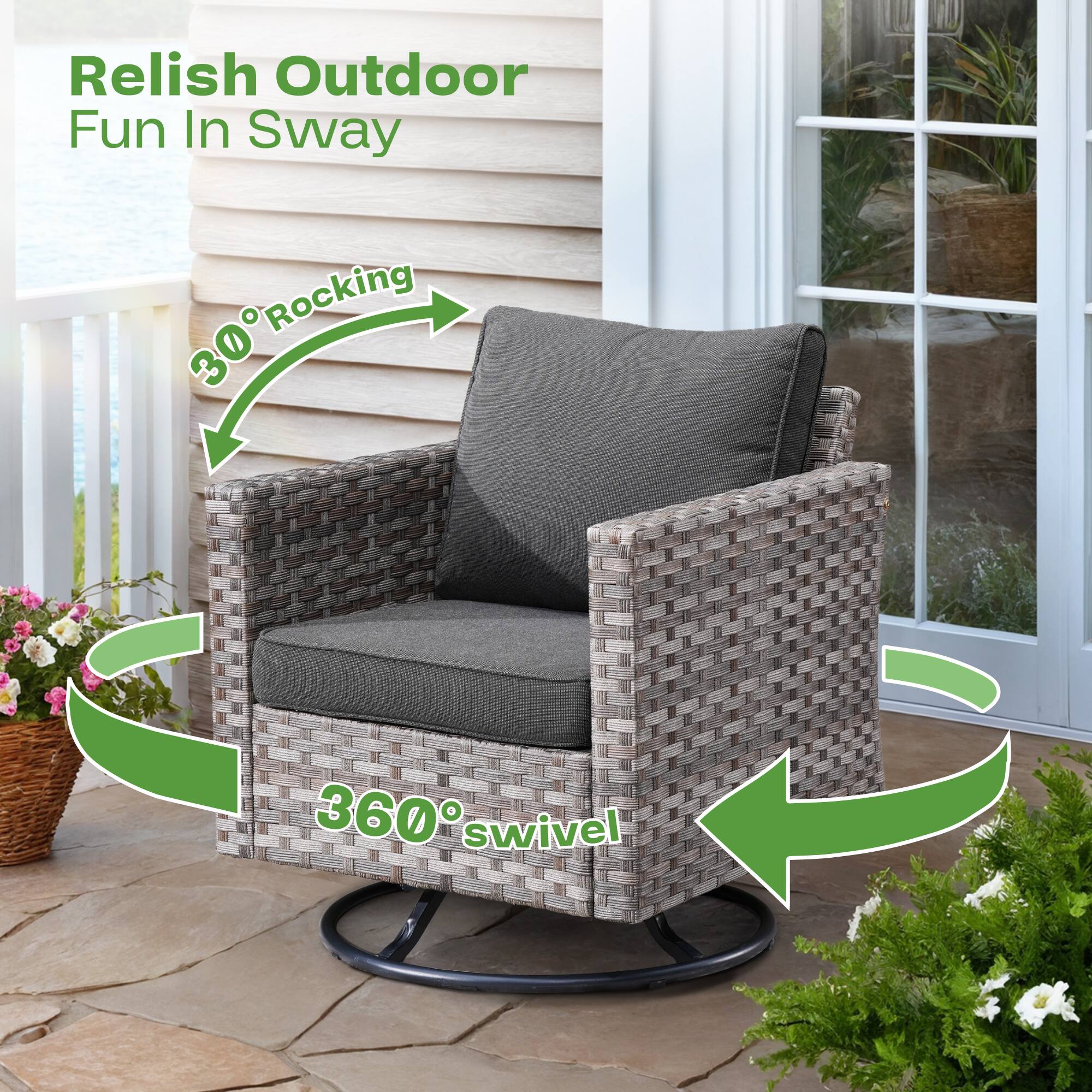 Relish Outdoor Fun In Sway

30° Rocking

360° Swivel