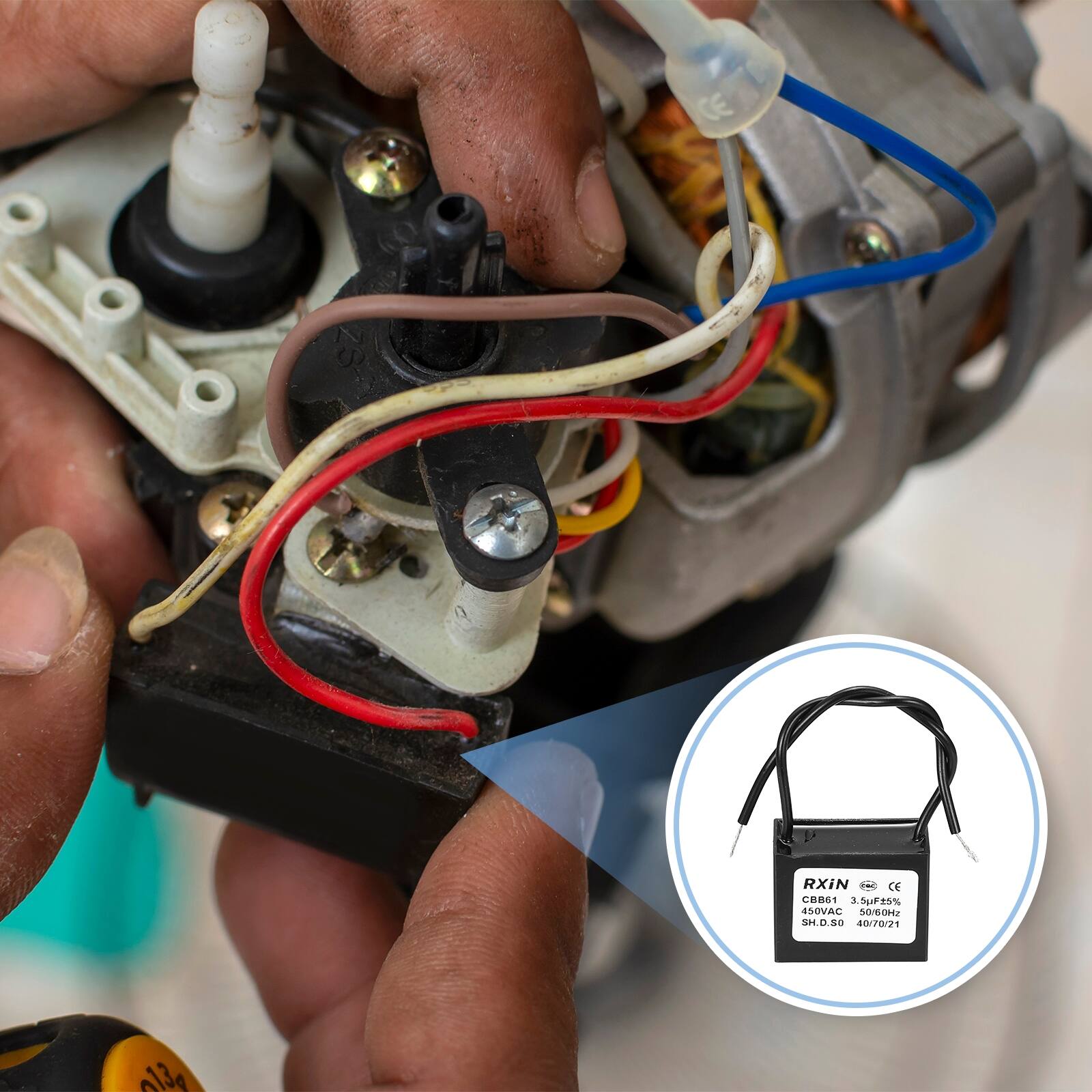 RXiN  
CBB861 3.5uF 15%  
450VAC 50/60Hz  
I5OVAC  
O/OHJ  
H.D.S0  
40/70/21