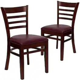 Emma + Oliver - 2 Pack Ladder Back Wooden Restaurant Chair - Burgundy Vinyl Seat/Mahogany Wood Frame
