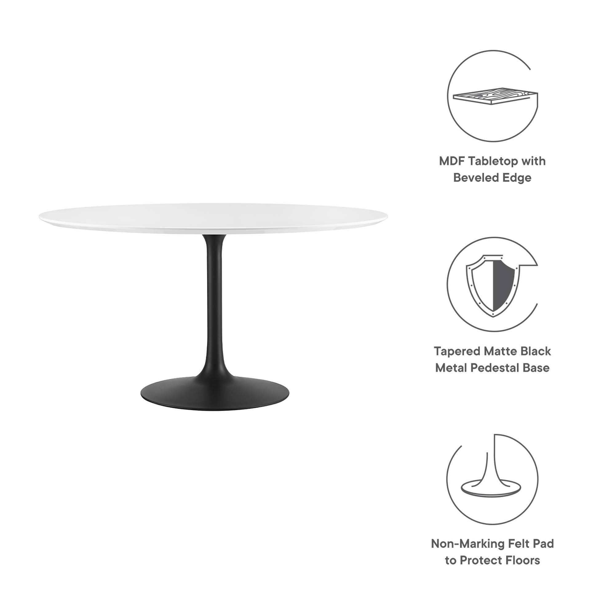 MDF Tabletop with Beveled Edge  
Tapered Matte Black Metal Pedestal Base  
Non-Marking Felt Pad to Protect Floors