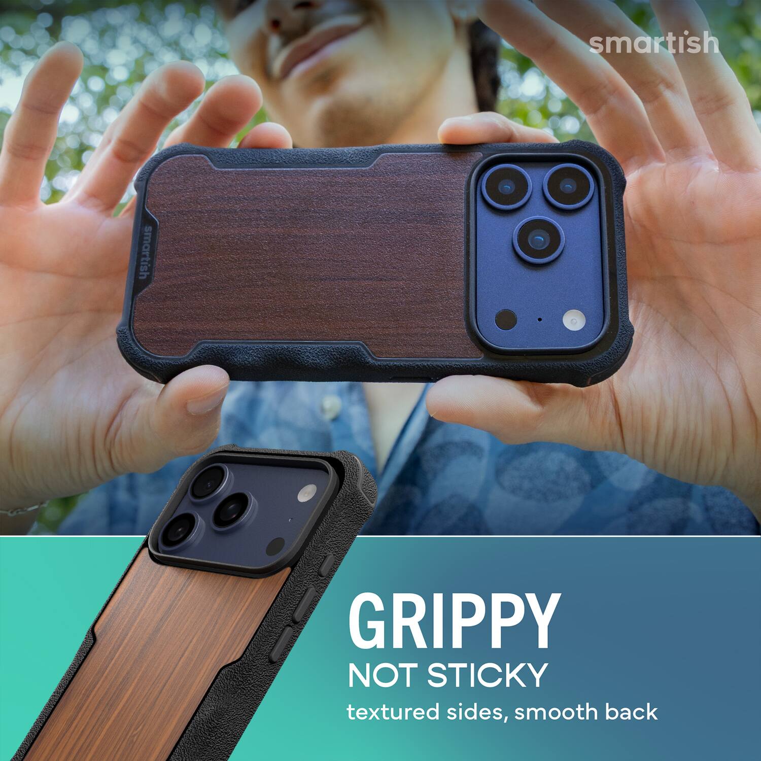 smartish  
GRIPPY NOT STICKY  
textured sides, smooth back