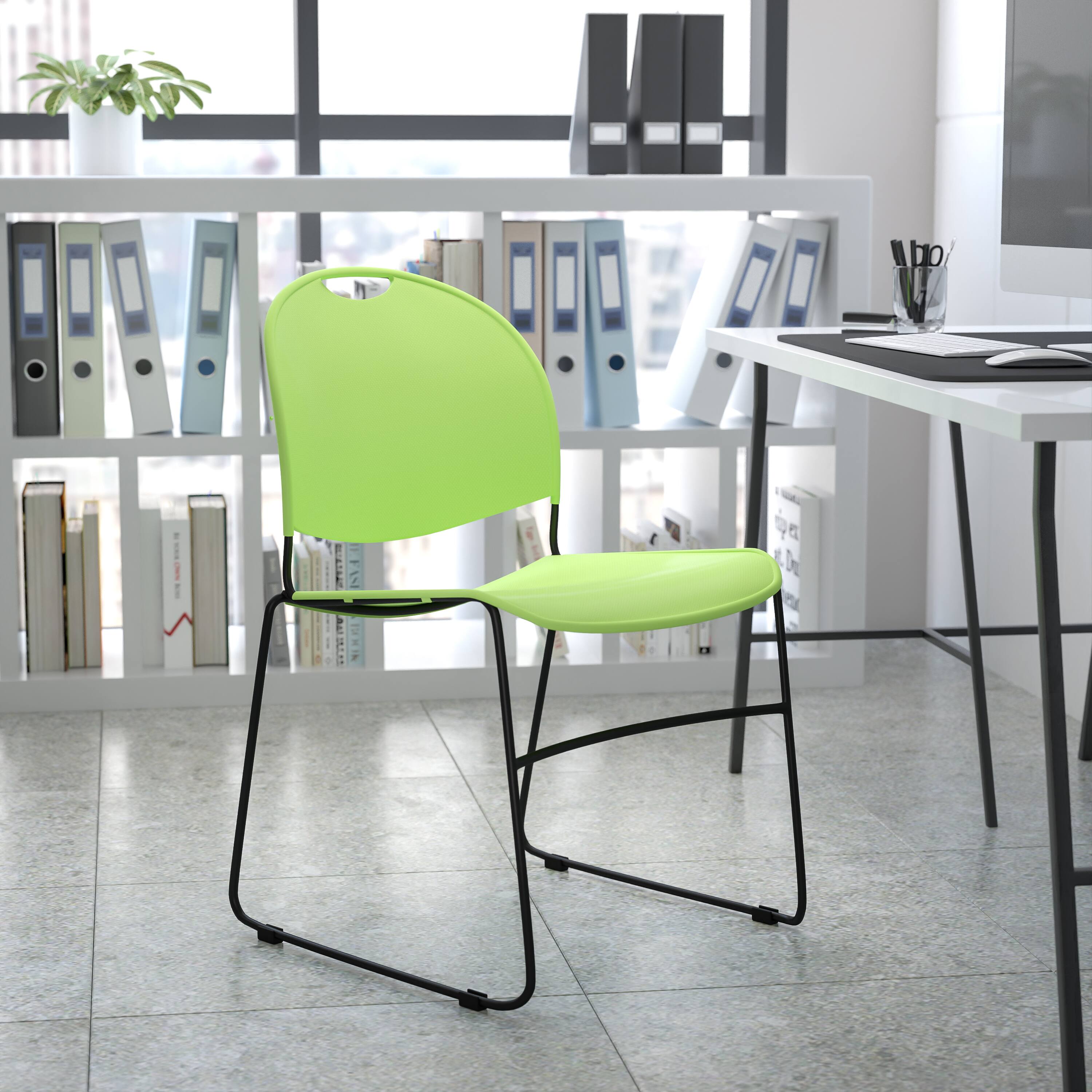 Alt View 1. Emma + Oliver - Ultra-Compact School Stack Chair - Office Guest Chair/Student Chair - Green Plastic/Black Frame.