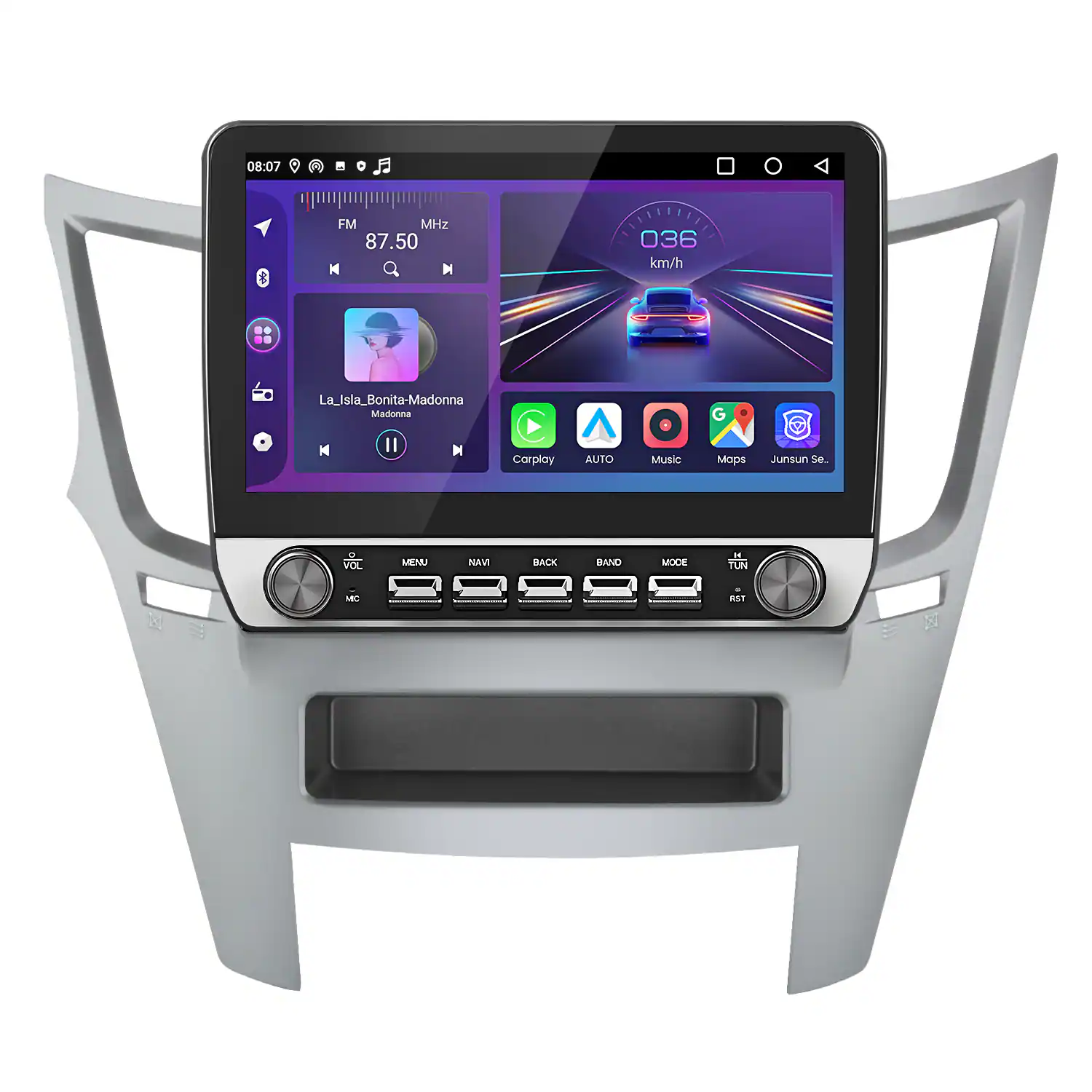 08:07  
FM MHz 87.50  
036 km/h  

La_Isla_Bonita-Madonna  
Madonna II  

Carplay  
AUTO  
Music  
Maps  
Junsun Se.  

VOL MENU NAM BACK BAND MODE  
TUN L RST
