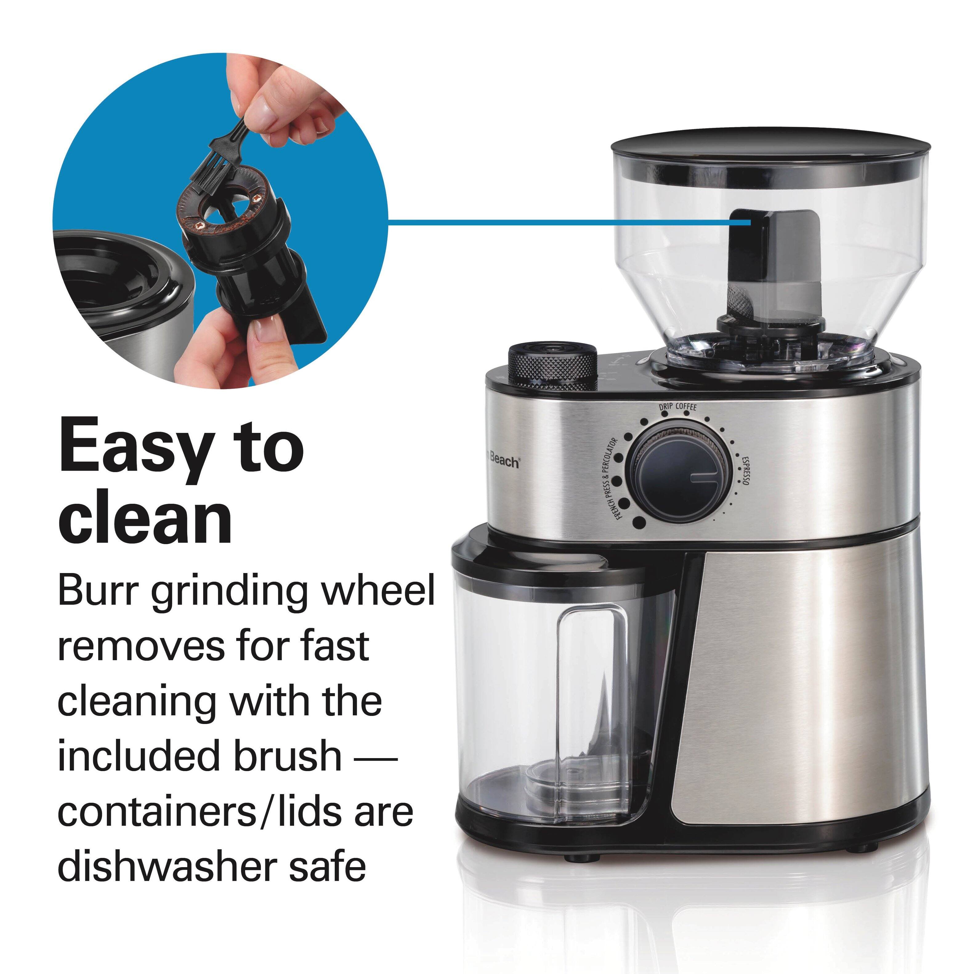 Easy to clean  
Burr grinding wheel removes for fast cleaning with the included brush — containers/lids are dishwasher safe