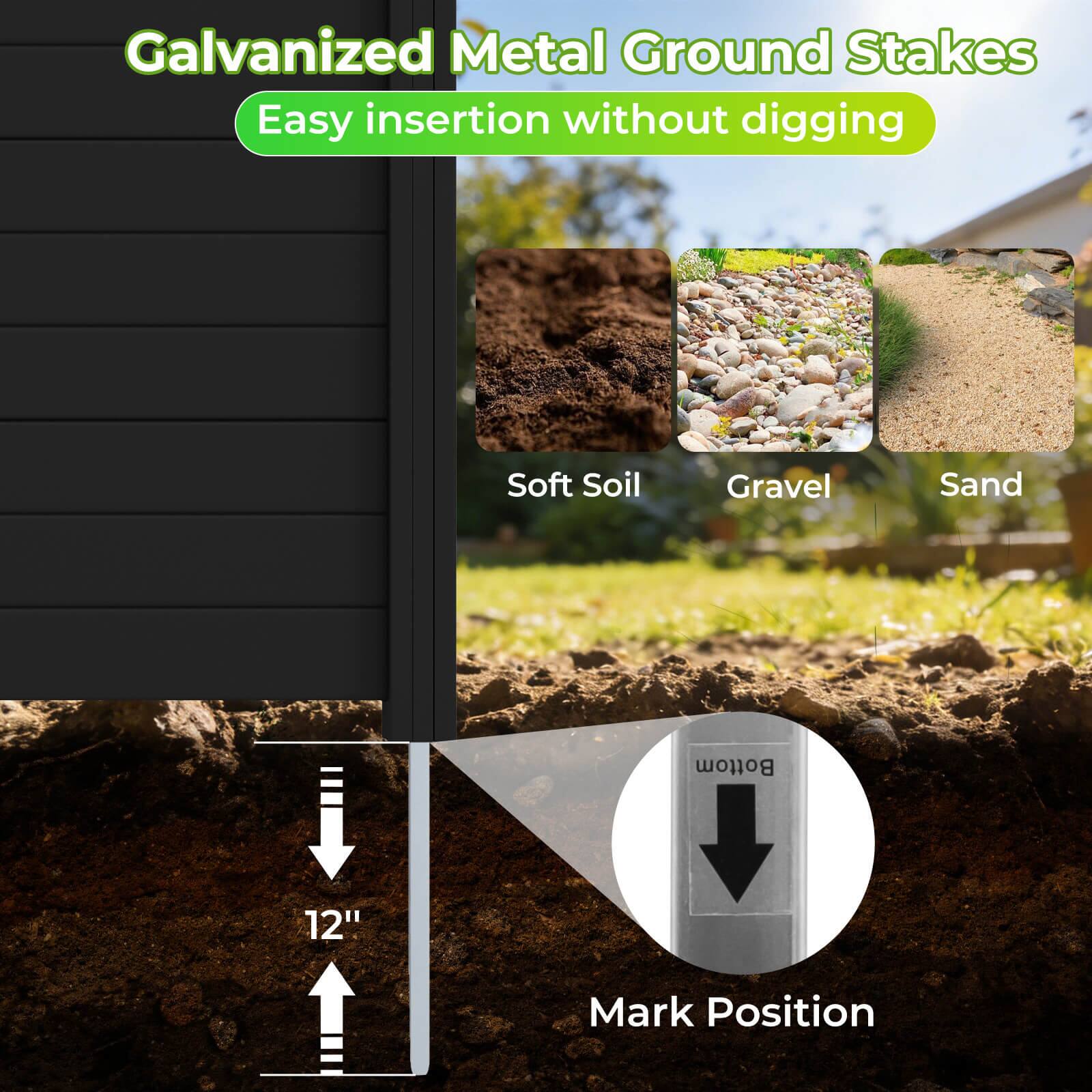 Galvanized Metal Ground Stakes  
Easy insertion without digging  

Soft Soil  
Gravel  
Sand  

12"  
Mark Position