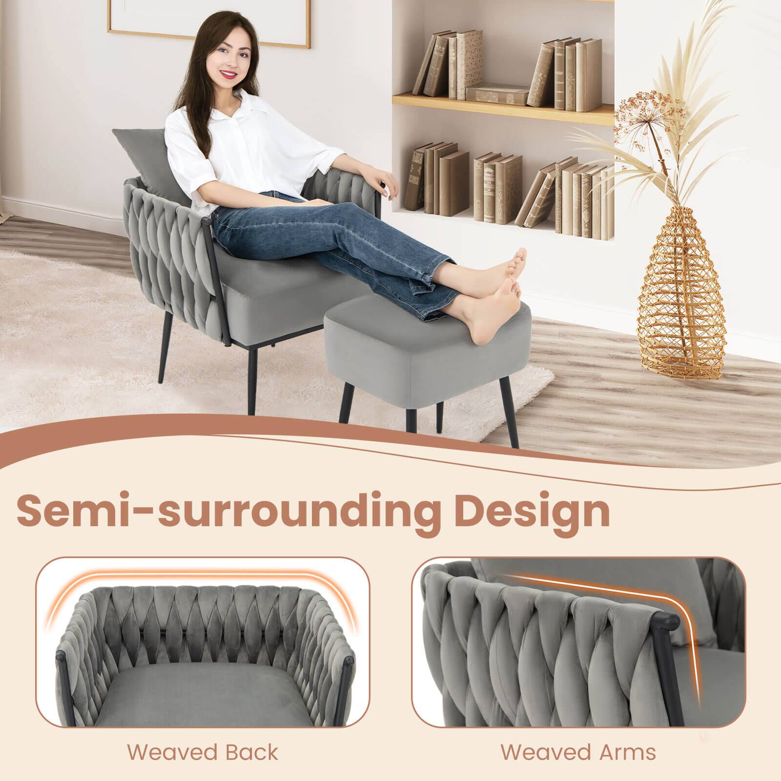 The text on the image reads: "Semi-surrounding Design Weaved Back Weaved Arms."