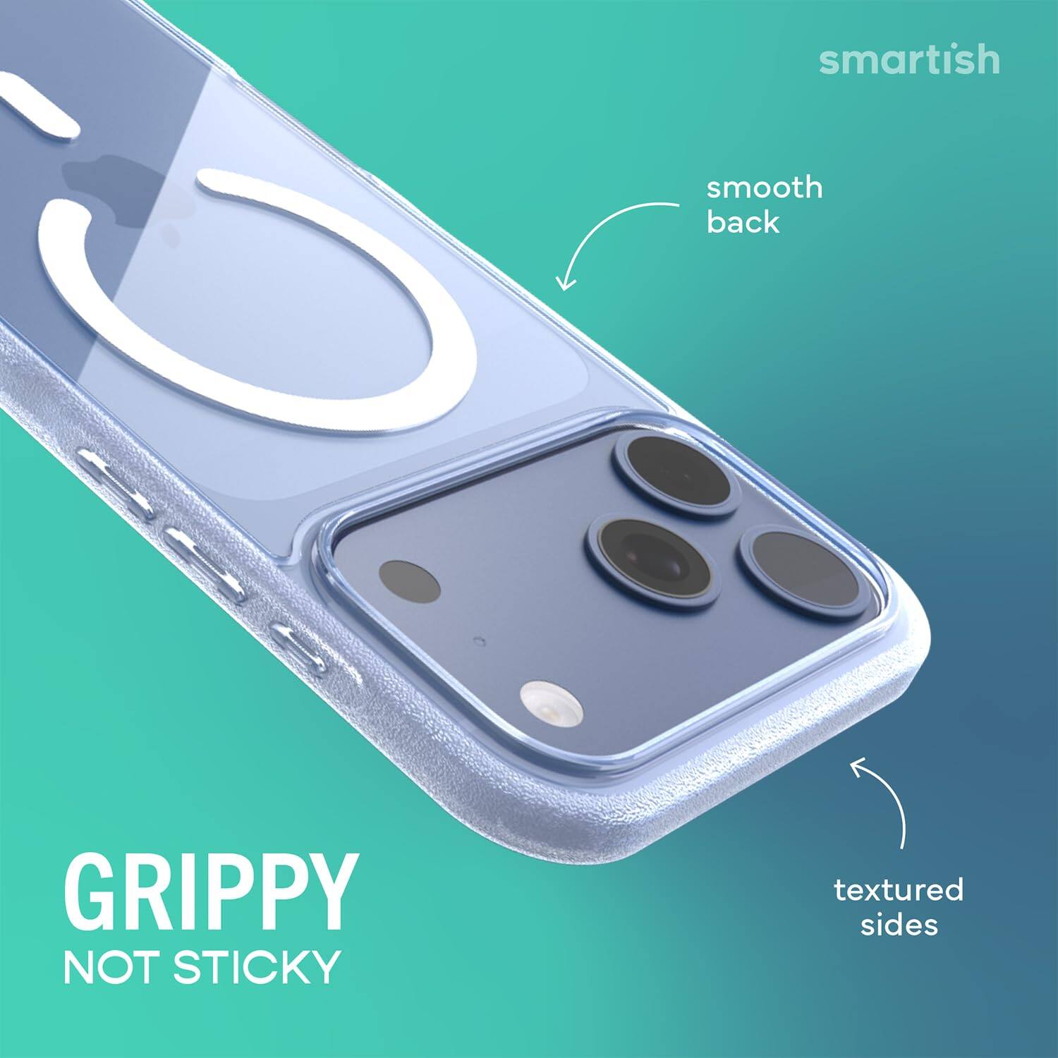 smartish  
smooth back  
GRIPPY NOT STICKY  
textured sides