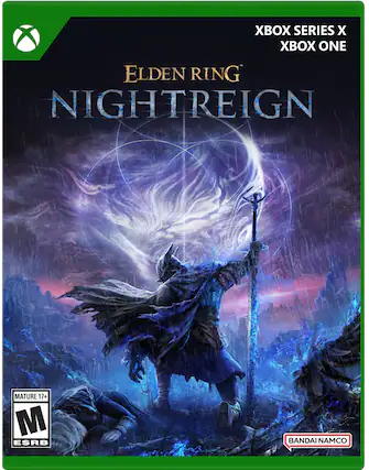 The text on the image reads: "X Series X One Elden Ring Nightreign Mature 17+ M ESRB BANDAI NAMCO". This text describes the video game "Elden Ring: Nightreign" as a mature game with a rating of 17+, and it is part of the X Series. The game is developed by BANDAI NAMCO. - M (Mature 17+)