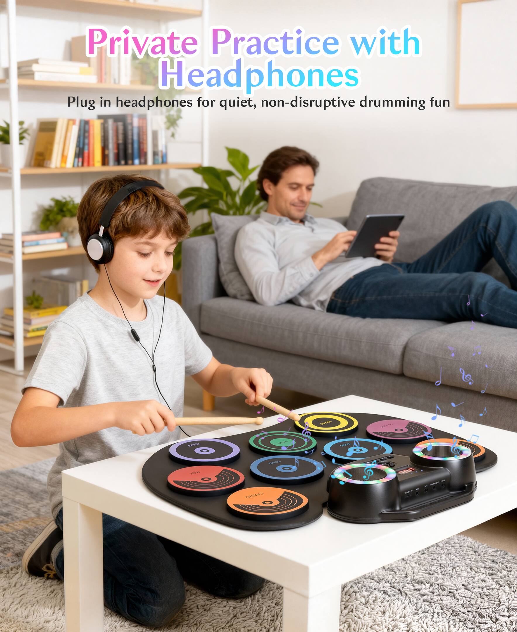 Alt View 2. Sugift - Colorful Roll-Up Electronic Drum Set with Flashing Lights, Dual Speakers & Headphone Jack for Kids - Black.