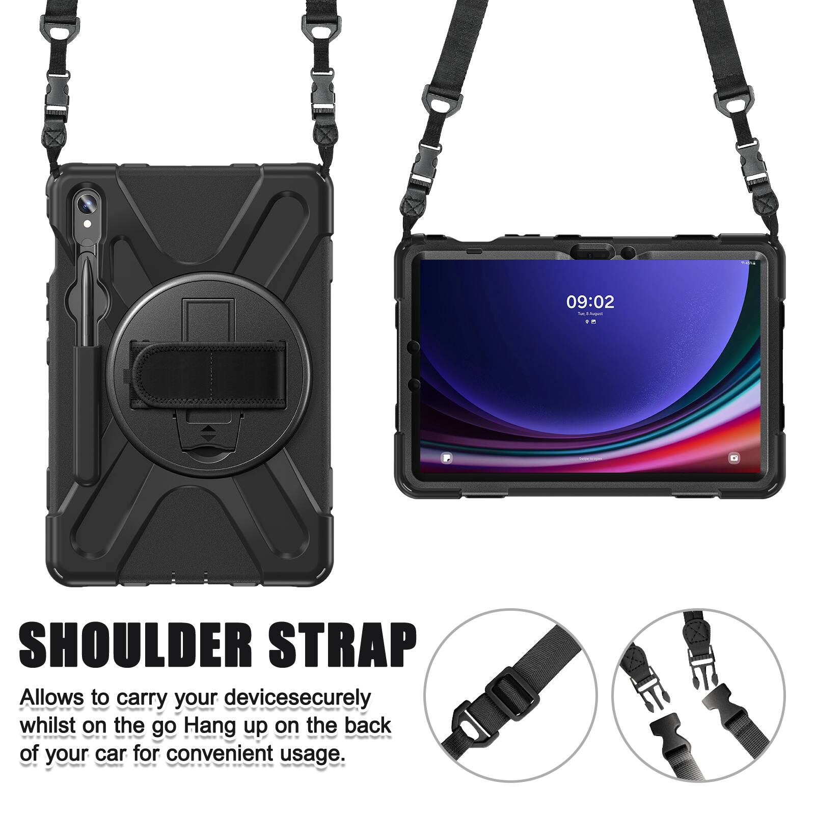 09:02 t - - SHOULDER STRAP  
Allows to carry your device securely whilst on the go.  
Hang up on the back of your car for convenient usage.