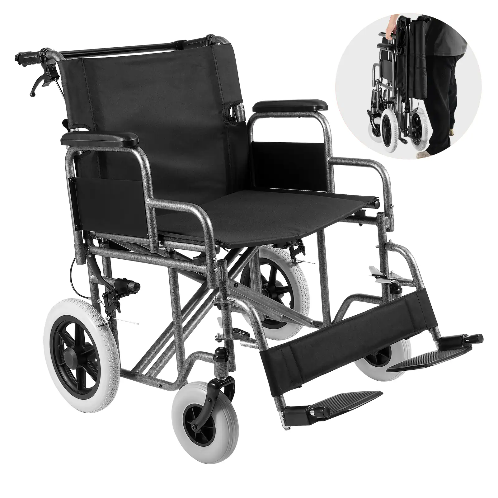 VEVOR - Wheelchair, Carbon Steel Transport Chair for Adults, Foldable Wheelchair with Detachable Armrest, Self-locking Brake - Black