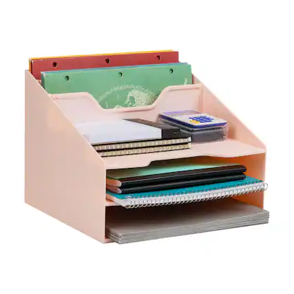 Front. Mind Reader - 3-Tier Desktop Organizer with 5 Compartments, Plastic File Holder for Office, Kitchen, or Home - Pink.