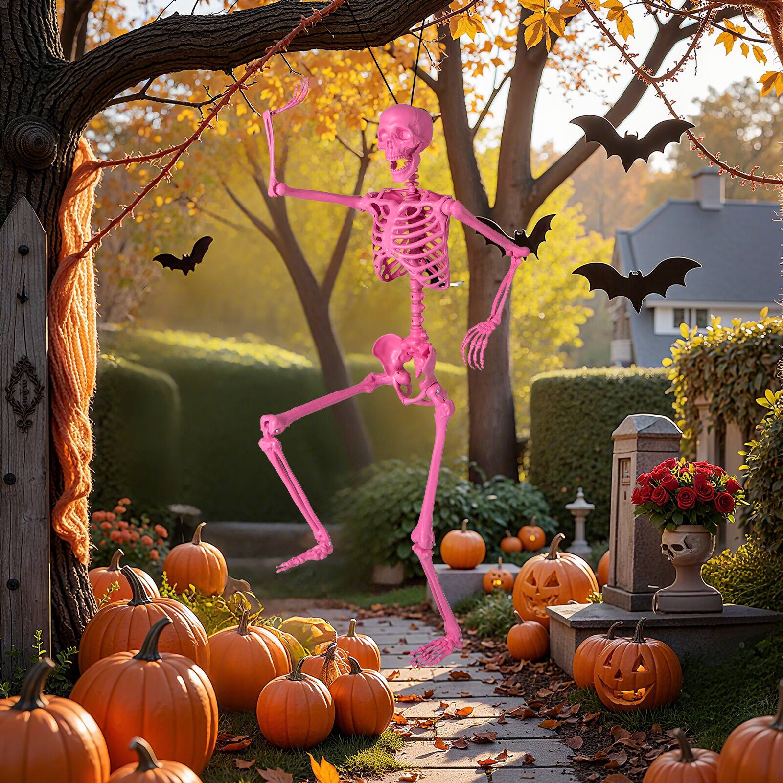 Alt View 4. Costway - Costway 5.5 FT Poseable Halloween Skeleton Life-Size Decoration with Movable Joints - Pink.