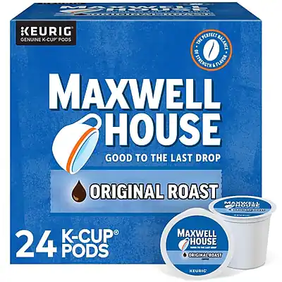 MAXWELL HOUSE
GOOD TO THE LAST DROP
ORIGINAL ROAST
KEURIG
GENUINE K-CUP PODS
24 K-CUP PODS
MAXWELL HOUSE
ORIGINAL ROAST
KEURIG