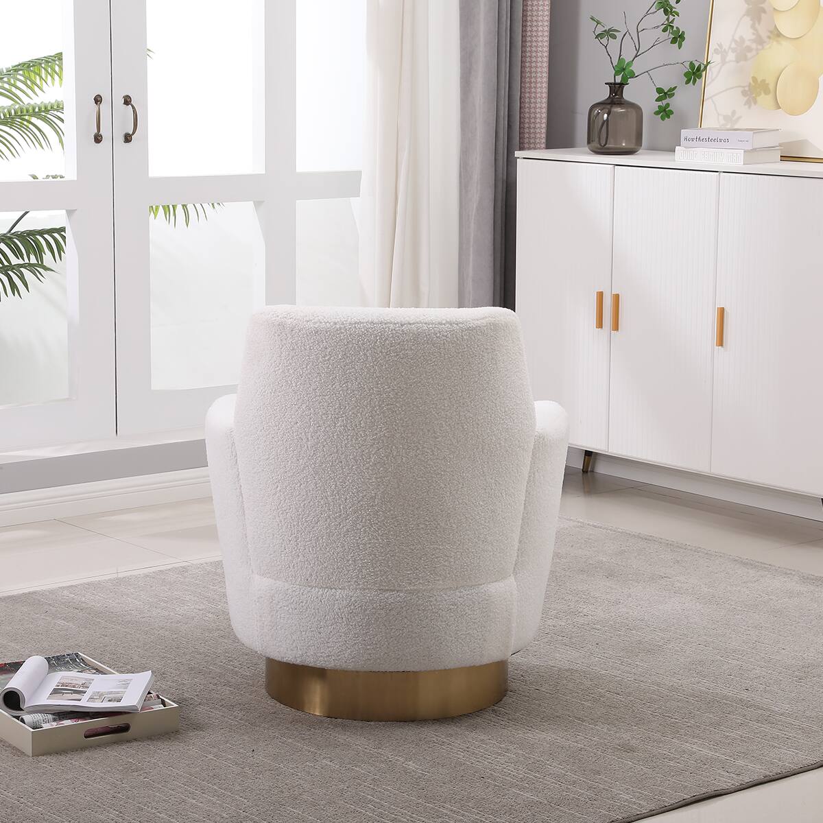 Left. Trinkets Crazed - Swivel Barrel Chair,Modern Comfy Velvet Upholstered Round Swivel Accent Chairst,360 Degree Single Sofa Chair Armchair - Ivory.