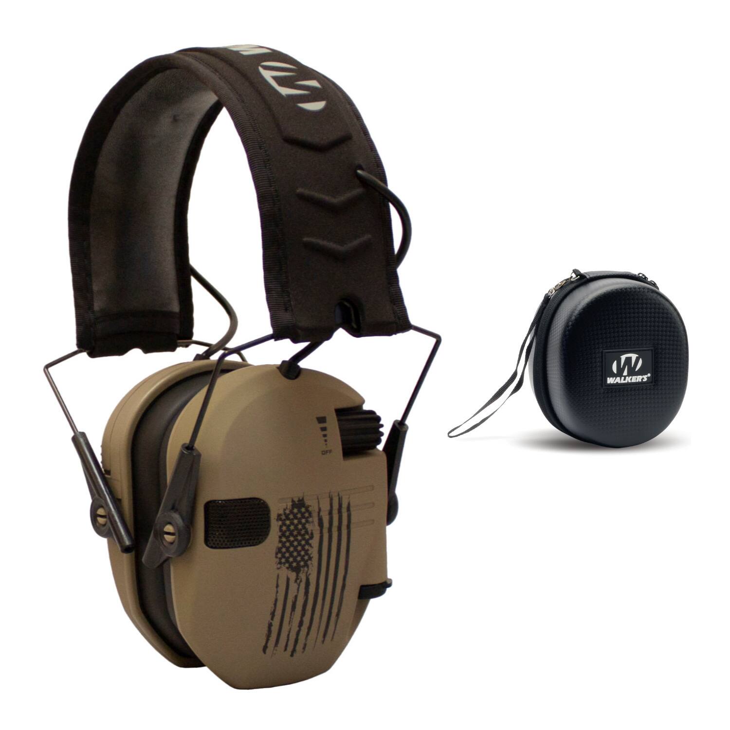 Walkers - Walker’s Razor Shooting Hearing Muffs (Distressed Flag) with Protective Case - Tan