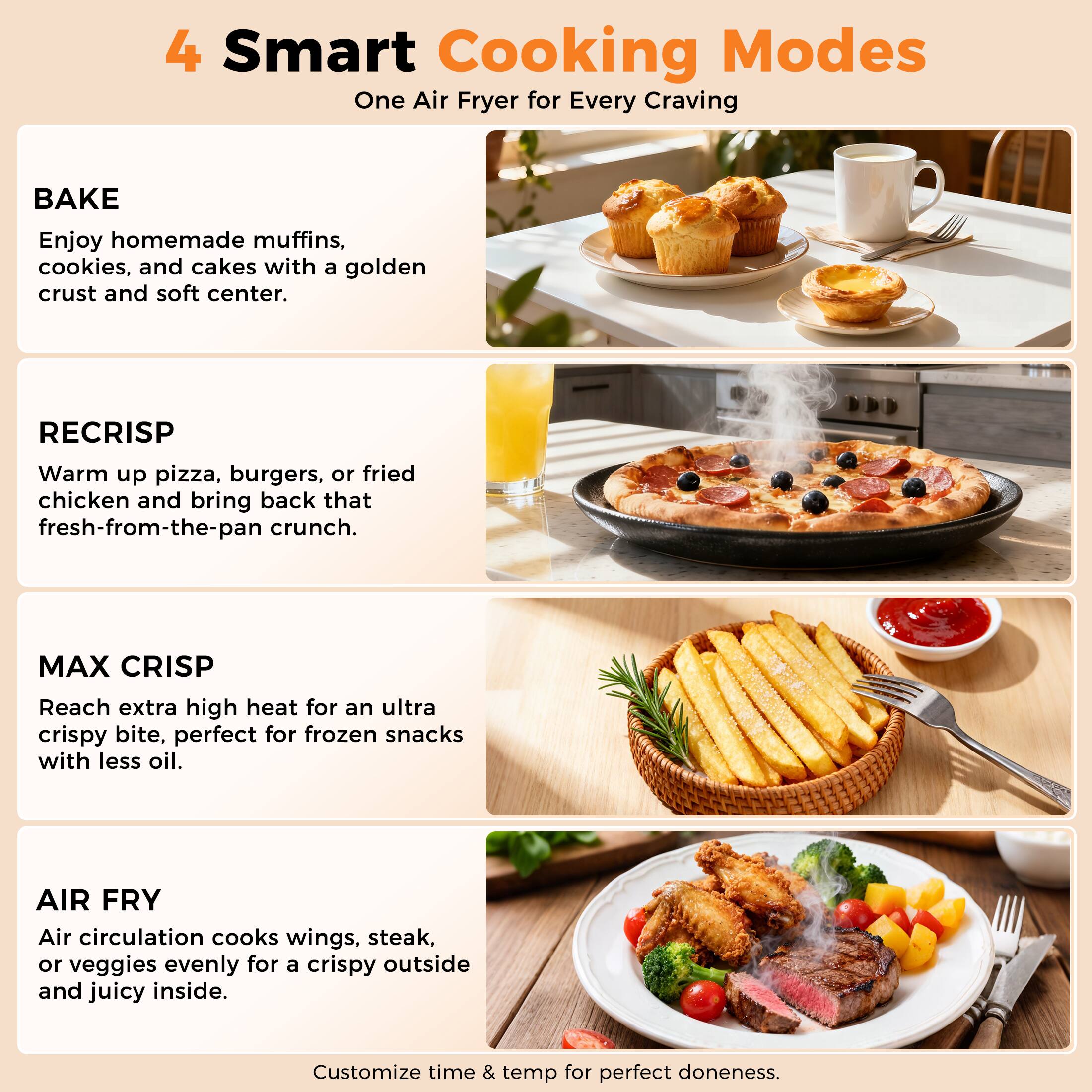 4 Smart Cooking Modes  
One Air Fryer for Every Craving  

**BAKE**  
Enjoy homemade muffins, cookies, and cakes with a golden crust and soft center.  

**RECRISP**  
Warm up pizza, burgers, or fried chicken and bring back that fresh-from-the-pan crunch.  

**MAX CRISP**  
Reach extra high heat for an ultra crispy bite, perfect for frozen snacks with less oil.  

**AIR FRY**  
Air circulation cooks wings, steak, or veggies evenly for a crispy outside and juicy inside.  

Customize time & temp for perfect doneness.
