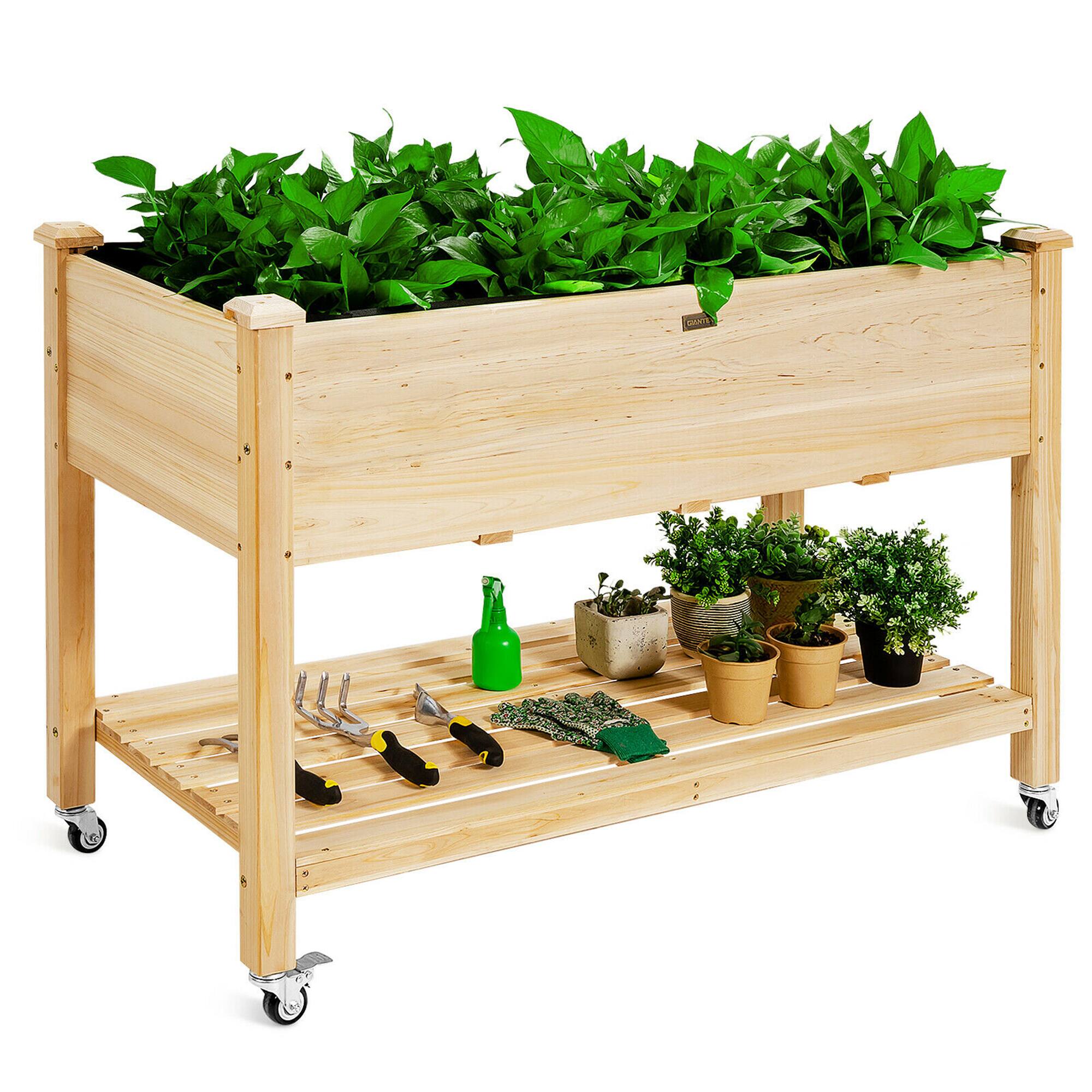 Alt View 1. Costway - Raised Garden Bed Wood Elevated Planter Bed w/Lockable Wheels Shelf & Liner - Natural.