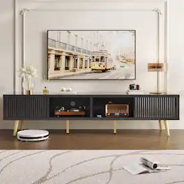 Bestier - Fits up to 75 inch TVs with Sliding Fluted Doors and Adjustable Shelves for Living Room - Black