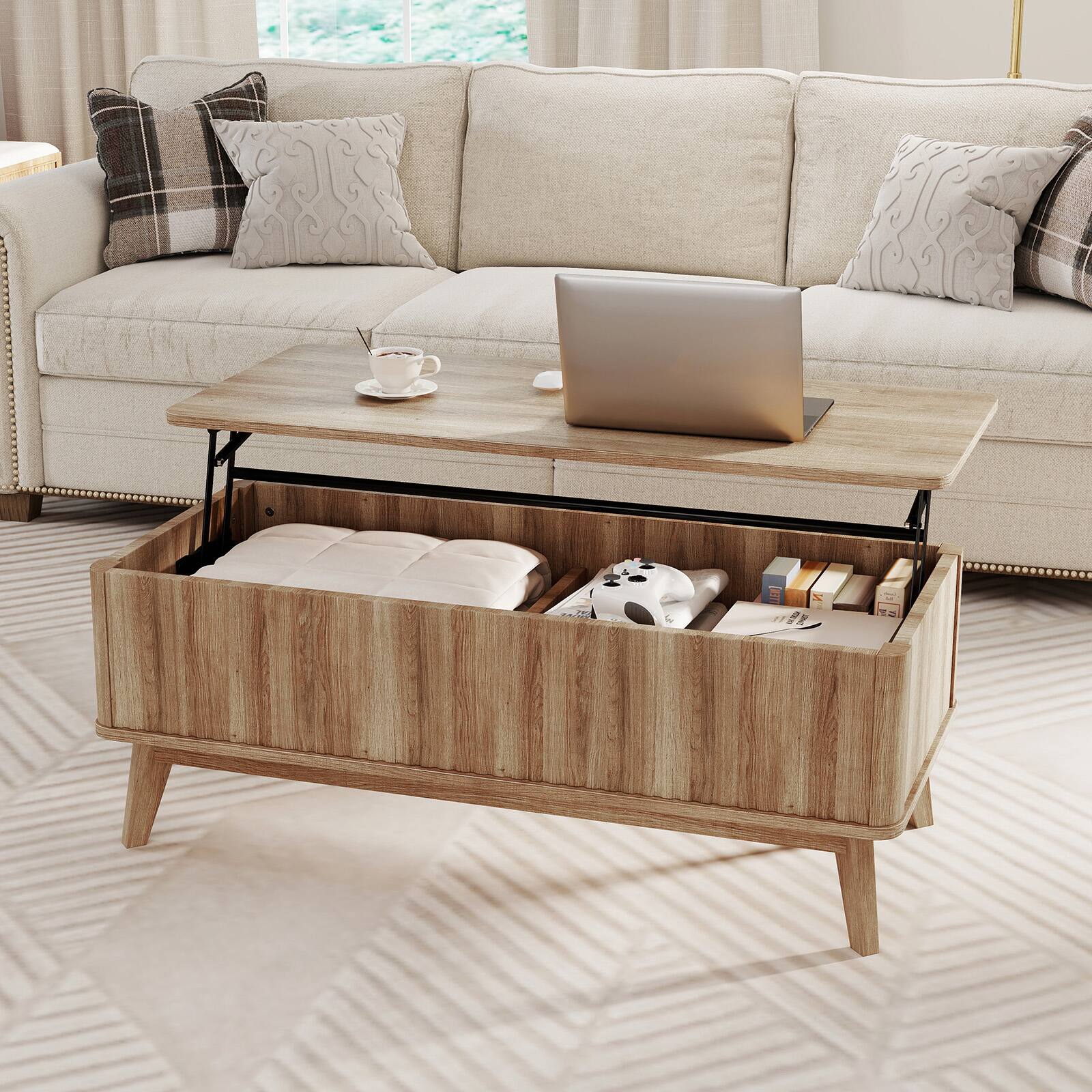 Alt View 3. Gymax - Gymax 43.5'' Fluted Lift Top Coffee Table w/Lift Tabletop Hidden Compartments for Home - Brown.