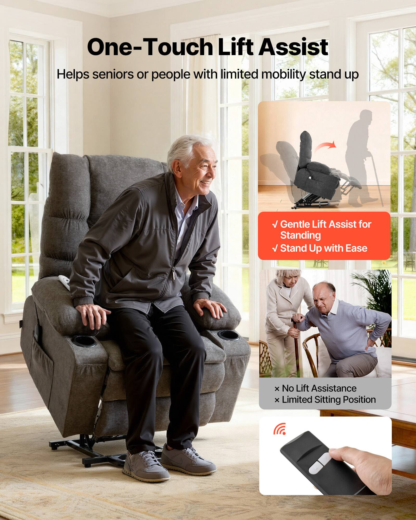 One-Touch Lift Assist  
Helps seniors or people with limited mobility stand up  

- Gentle Lift Assist for Standing  
- Stand Up with Ease  

× No Lift Assistance  
× Limited Sitting Position