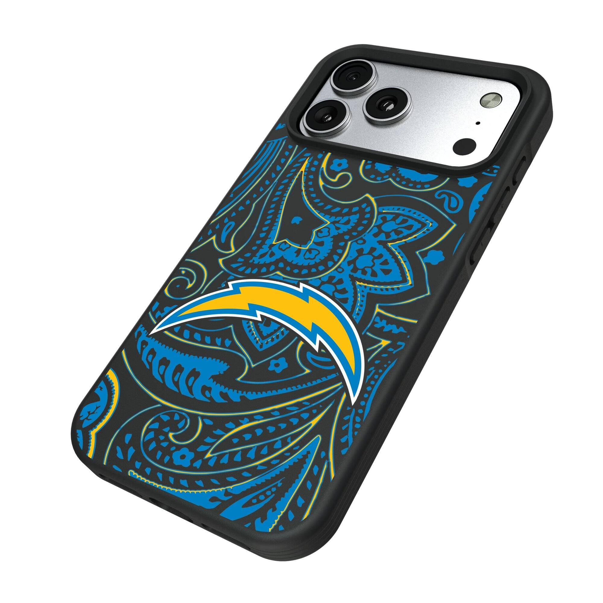 Alt View 1. Keyscaper - Los Angeles Chargers iPhone Paisley Design Bump Case - 16 Pro - Multicolor.