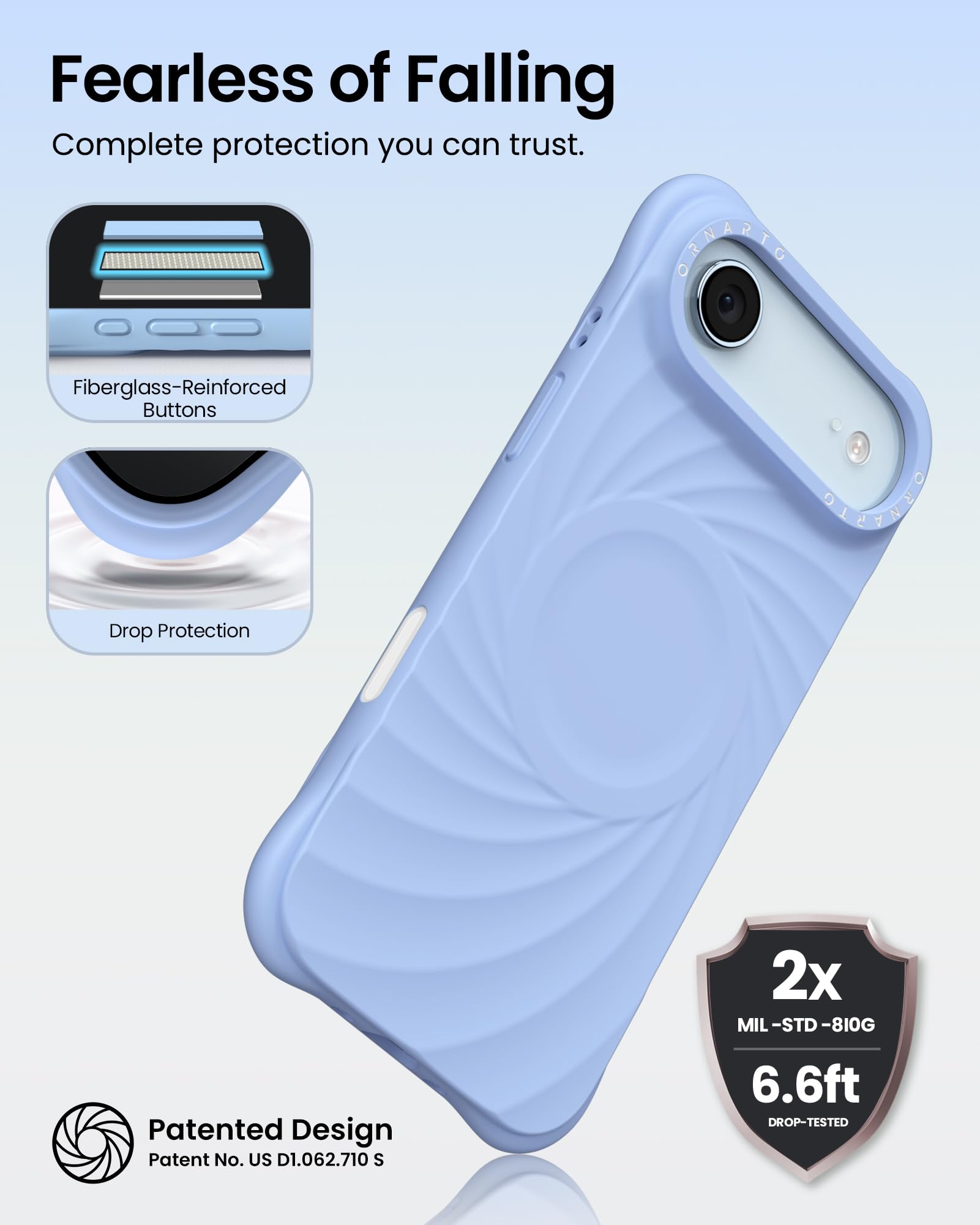 Fearless of Falling  
Complete protection you can trust.

- Fiberglass-Reinforced Buttons
- Drop Protection

Patented Design  
Patent No. US D1.062.710 S

2x MIL-STD-810G  
6.6ft DROP-TESTED