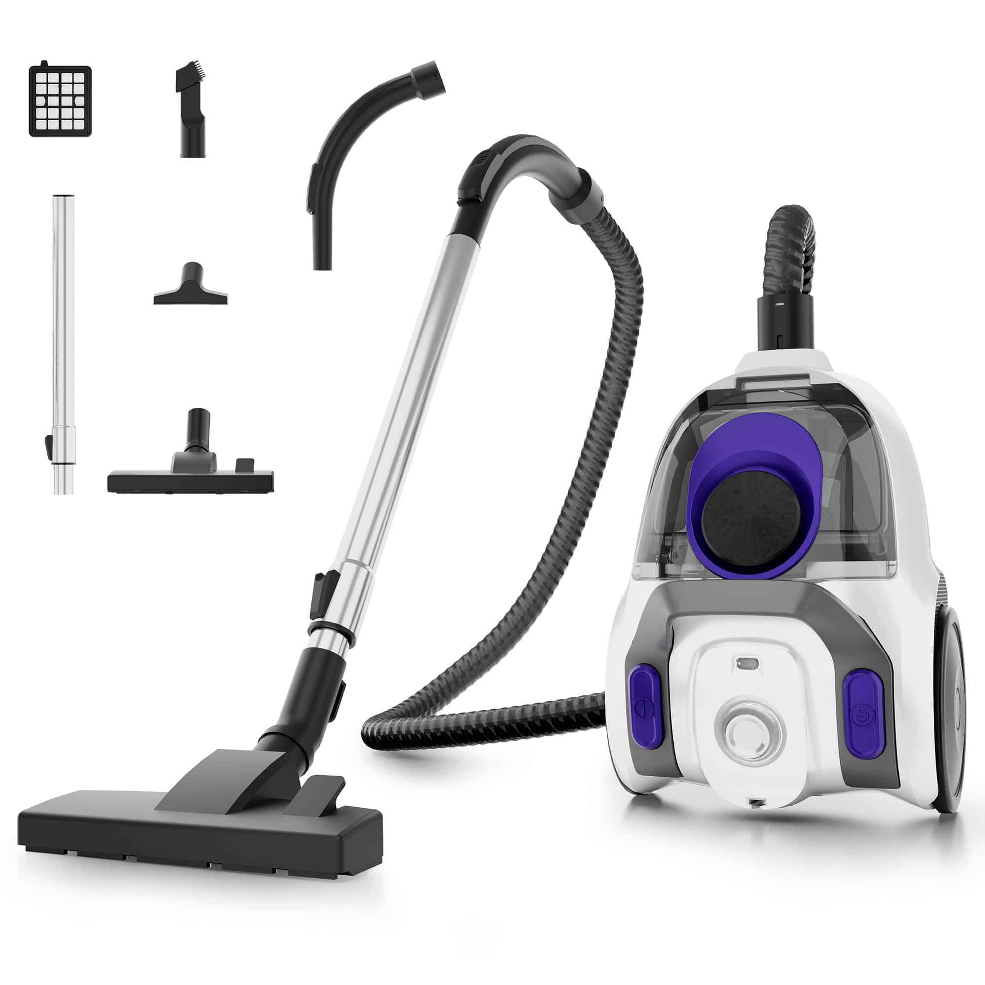WHALL - Bagless Canister Vacuum,1400W Cyclonic Suction,Washable HEPA Filter,Auto Cord Rewind for Hard Floors & Carpets