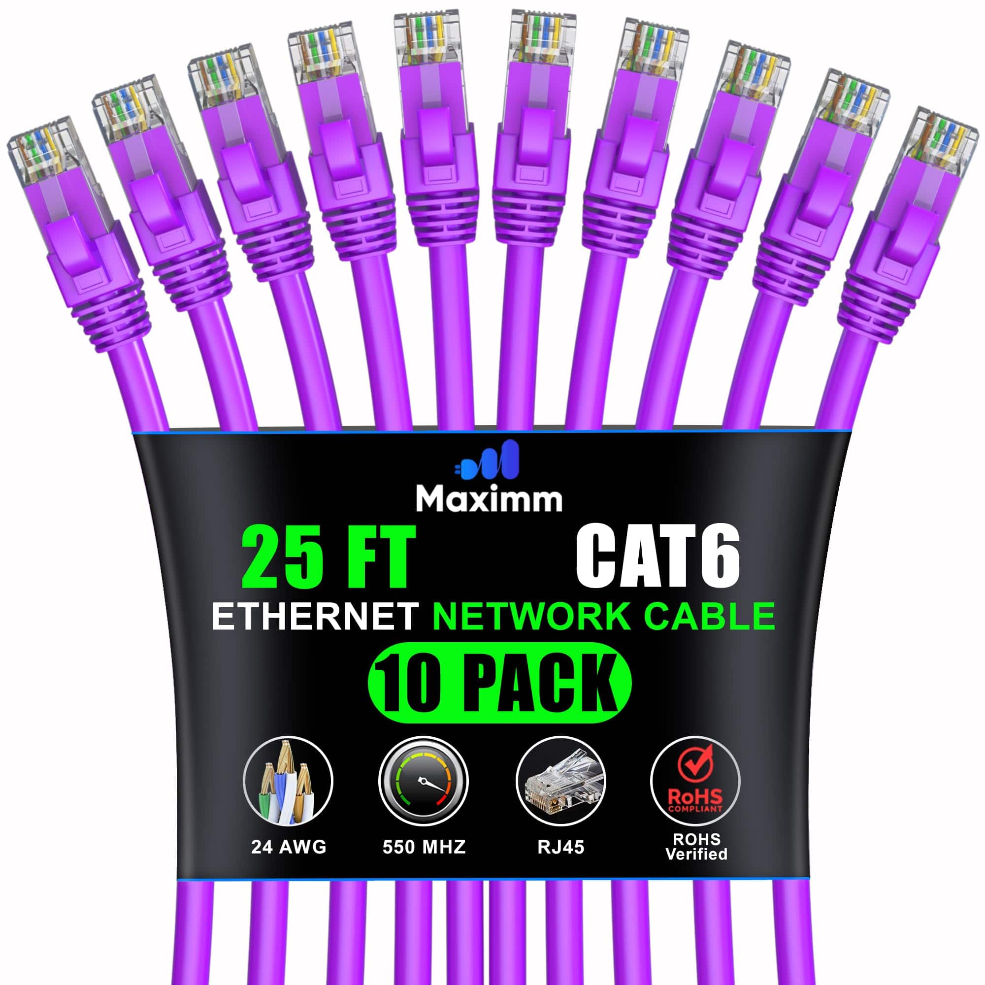 Maximm - Cat 6 Ethernet Cable 25 ft (10-Pack) - UTP, 10Gbps, 550MHz