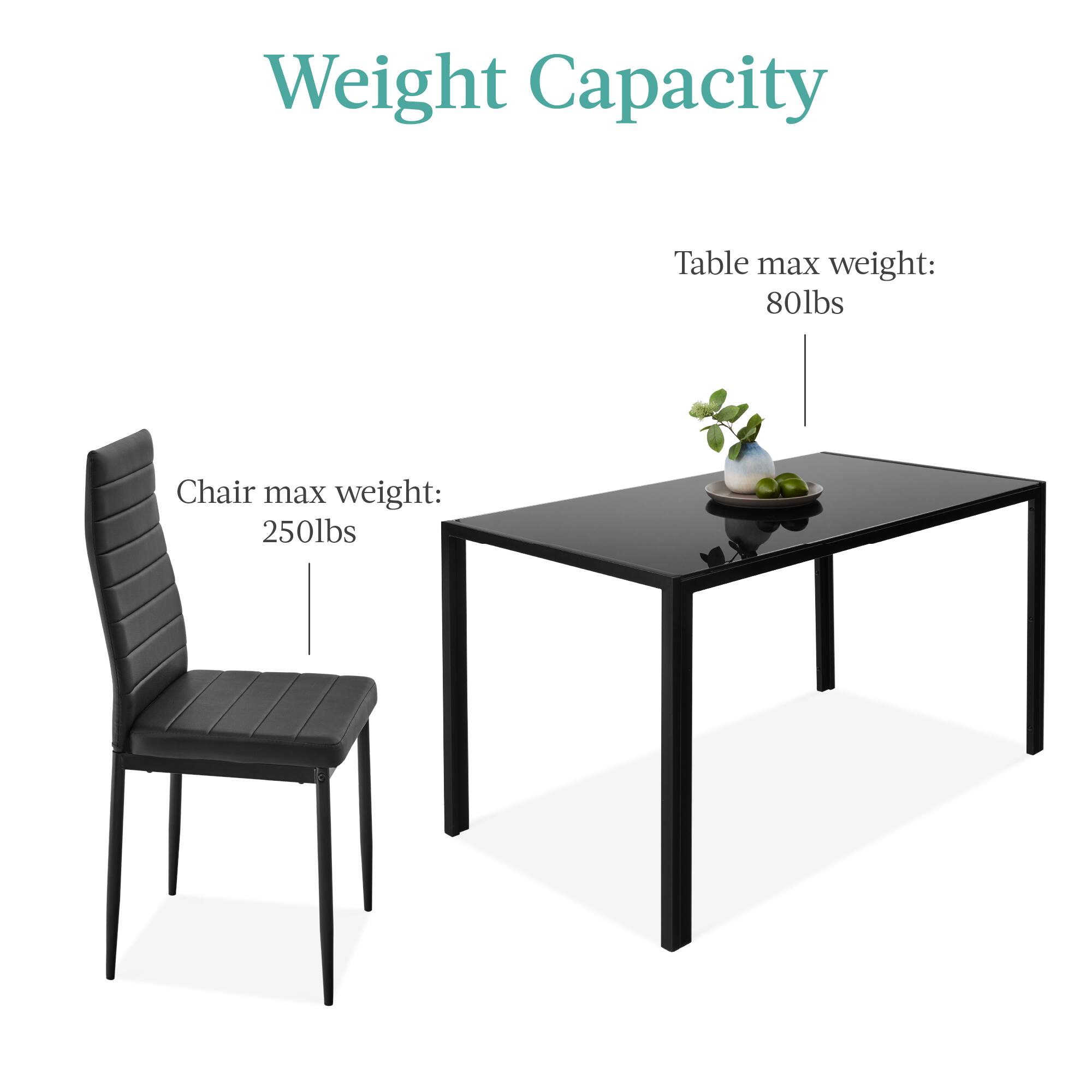 Weight Capacity

Table max weight: 80lbs

Chair max weight: 250lbs