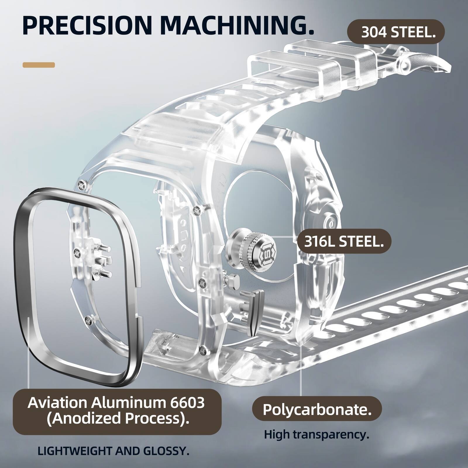 PRECISION MACHINING.  
304 STEEL.  
316L STEEL.  
Aviation Aluminum 6603 (Anodized Process).  
LIGHTWEIGHT AND GLOSSY.  
Polycarbonate.  
High transparency.