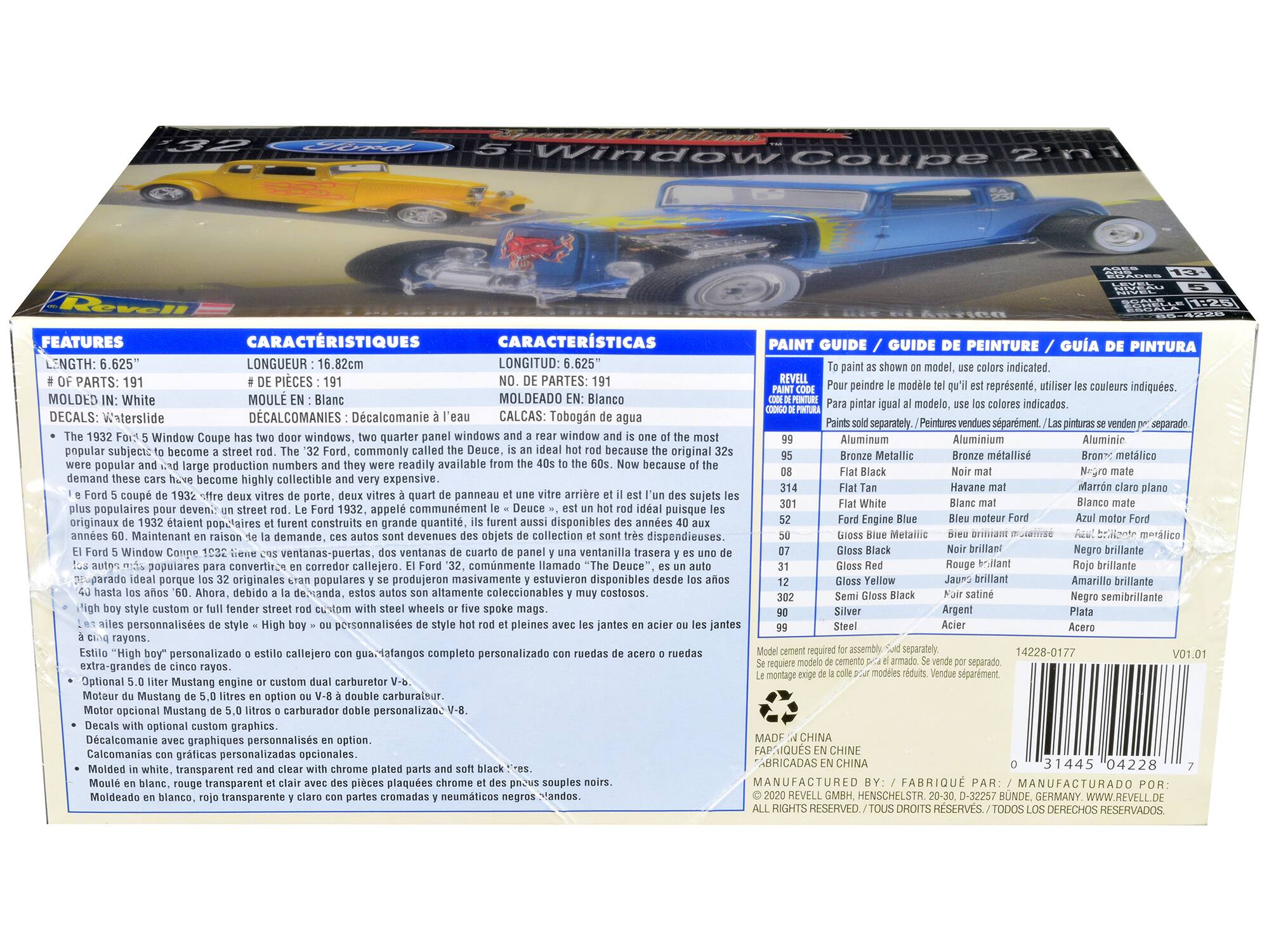 **FEATURES / CARACHTÉRISTIQUES / CARACTERÍSTICAS**

- **LENGTH:** 6.625"
- **# OF PARTS:** 191
- **MOLDED IN:** White
- **DECALS:** Waterslide

The 1932 Ford 5 Window Coupe has two door windows, two quarter panel windows and a rear window and is one of the most popular subjects to become a street rod. The 32 Ford, commonly called the Deuce, is an ideal hot rod because the original 32s were popular and had large production numbers and they were readily available from the 40s to the 60s. Now because of the demand these cars have become highly collectible and very expensive. The Ford 5 Window Coupe 1932 is the most popular car to be converted into a street rod. The 32 Ford, commonly called the Deuce, is an ideal hot rod because the original 32s were popular and had large production numbers and they were readily available from the 40s to the 60s. Now because of the demand these cars have become highly collectible and very expensive. The Ford 