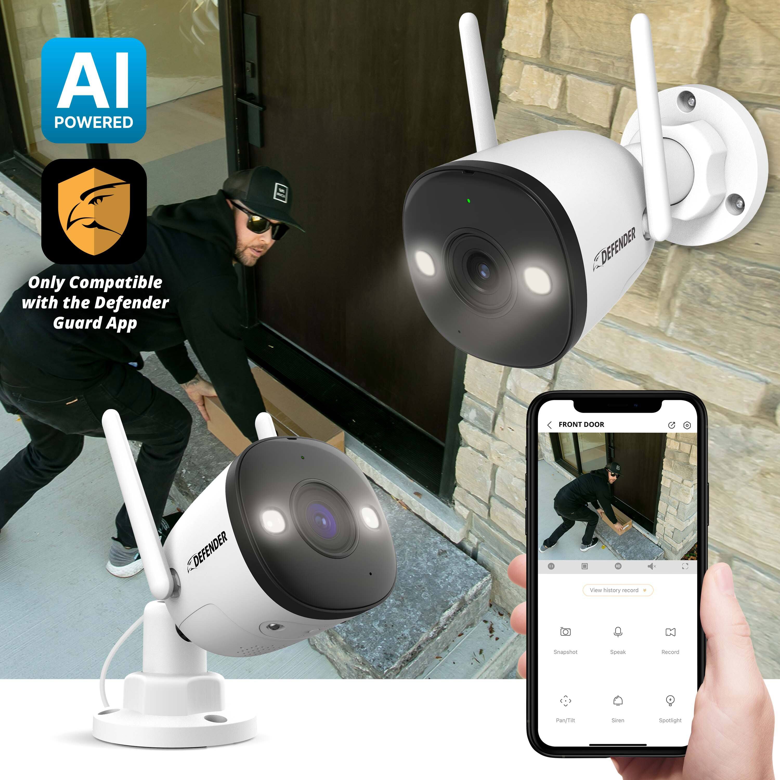 AI POWERED  
Only Compatible with the Defender Guard App  

DEFENDER FRONT DOOR  
View history record  
Snapshot  
Speak  
Record  
Pent/Tilt  
Siren  
Spotlight