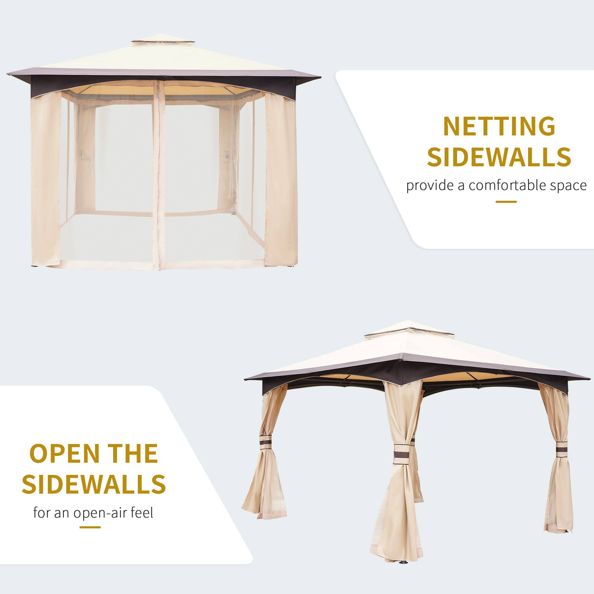 NETTING SIDEWALLS provide a comfortable space - OPEN THE SIDEWALLS for an open-air feel