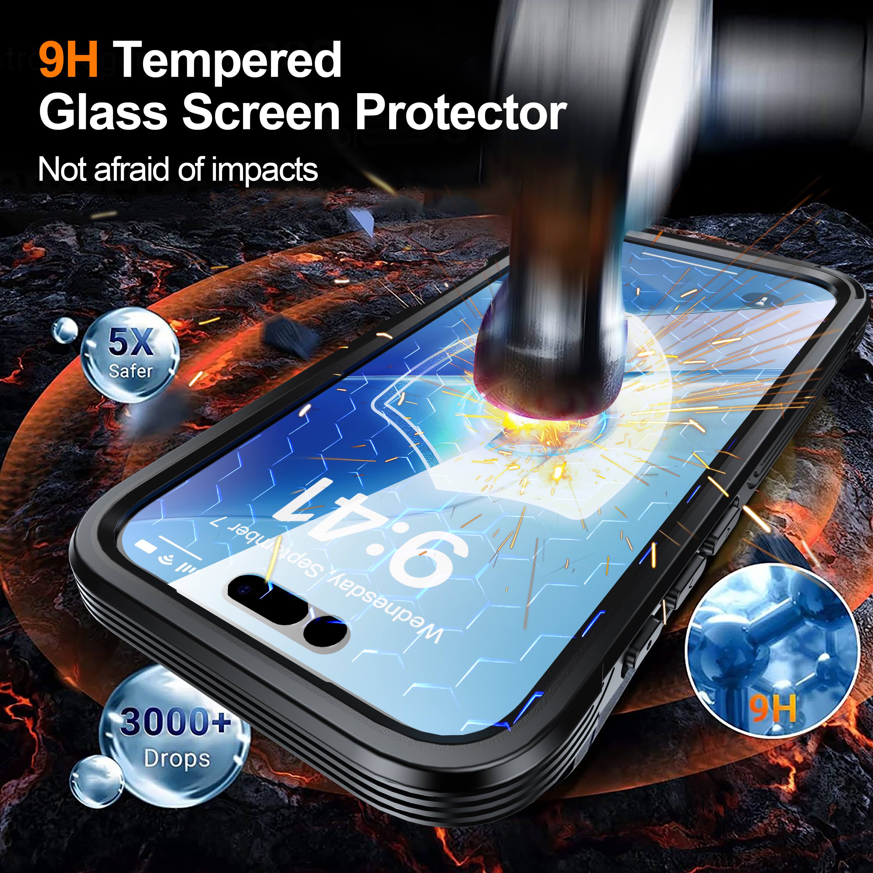 9H Tempered Glass Screen Protector  
Not afraid of impacts  
5X Safer  
3000+ Drops  
9H
