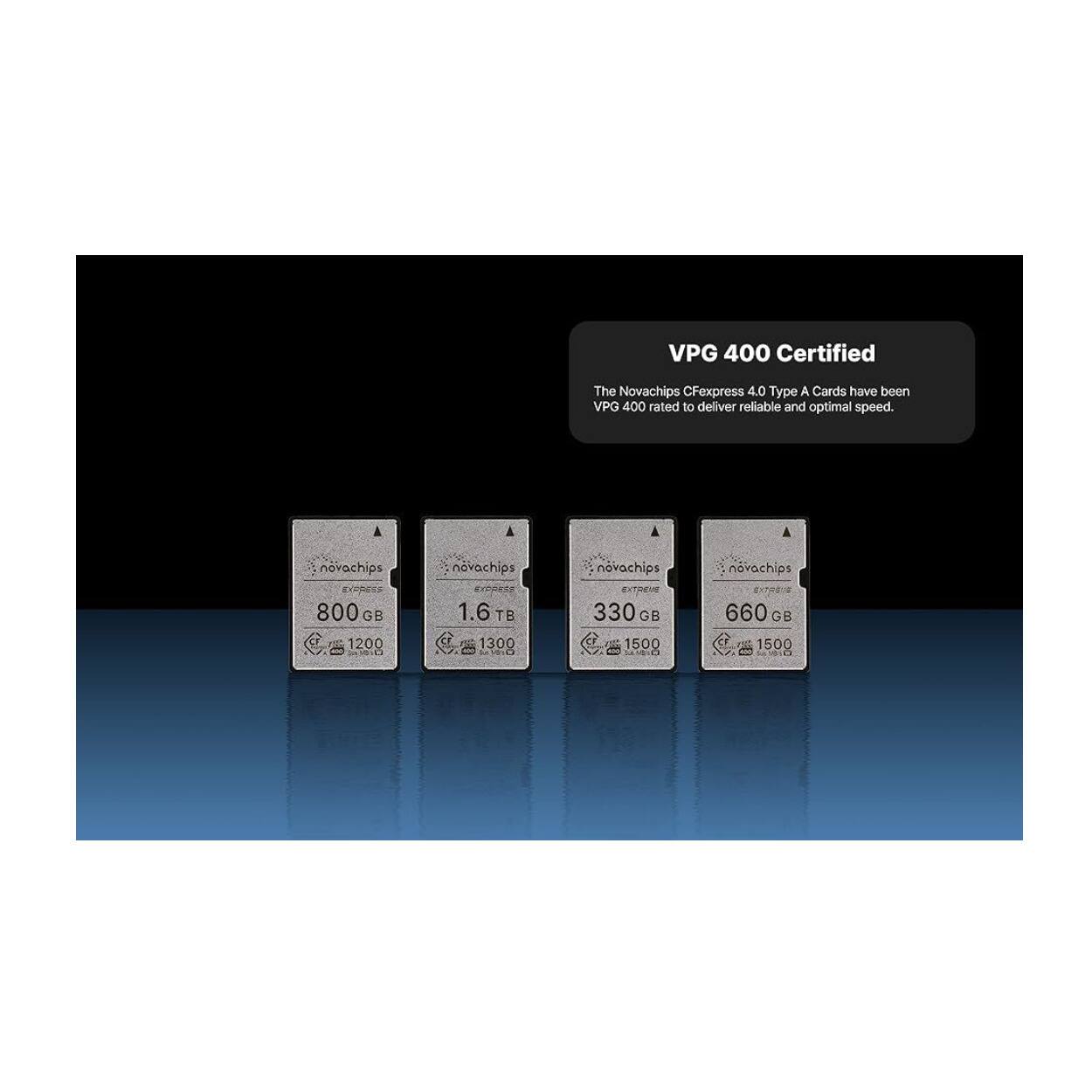 VPG 400 Certified

The Novachips CFexpress 4.0 Type A Cards have been VPG 400 rated to deliver reliable and optimal speed.

- novachips DXPRESS 800 GB 1200
- novachips 1.6 TB C 1300
- novachips EXTREME 330 GB 1500
- novachips 660 GB C 1500
