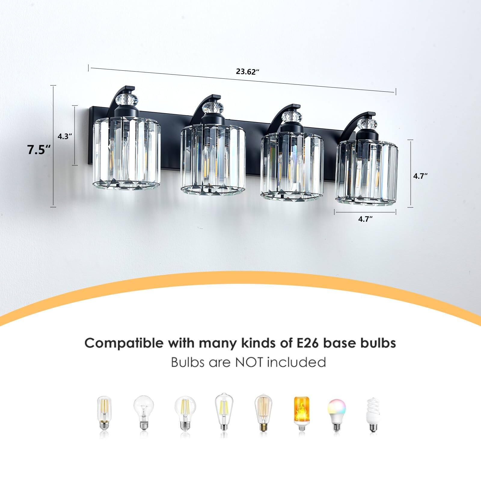 23.62" 4.3" 7.5" 4.7" 4.7"

Compatible with many kinds of E26 base bulbs

Bulbs are NOT included