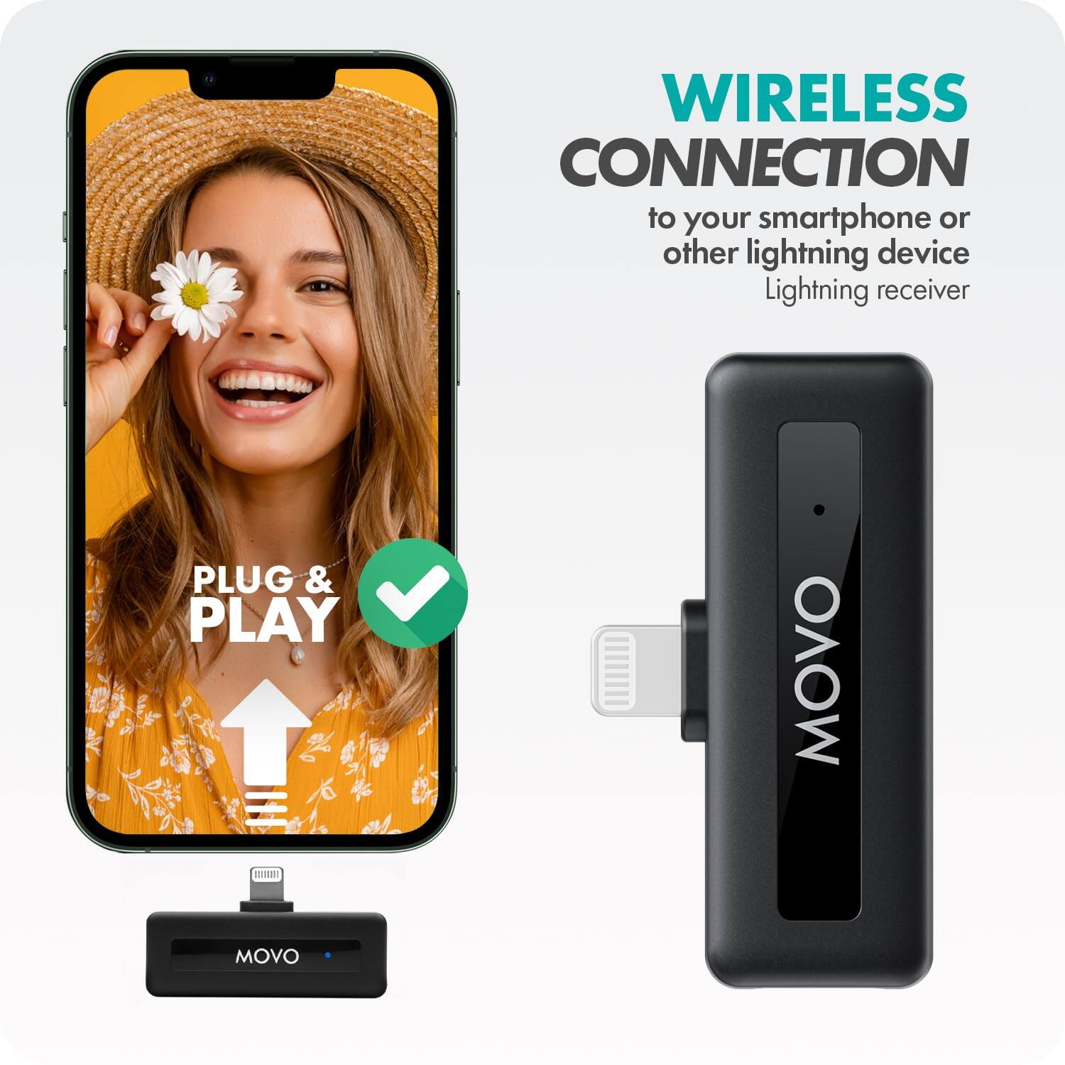 WIRELESS CONNECTION  
to your smartphone or other lightning device  
Lightning receiver  

PLUG & PLAY  

MOVO