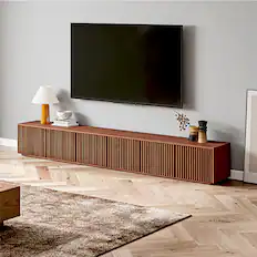 Front. POVISON - 118" Modern Wood TV Stand, Minimalist Slatted Entertainment Center Media Console Perfect for 100-inch TVs - Walnut Color.