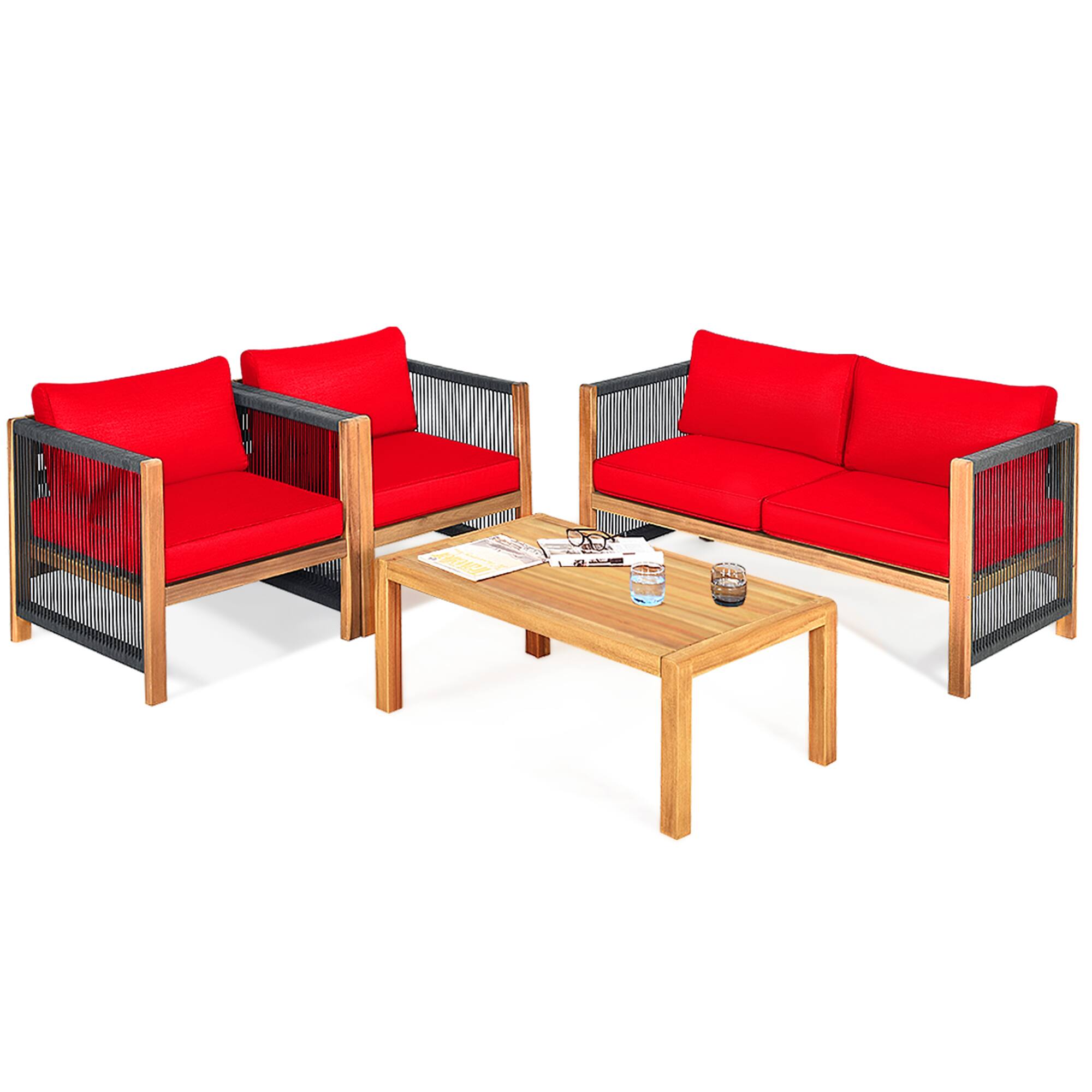 Alt View 1. Gymax - Gymax 4PCS Acacia Wood Outdoor Patio Furniture Conversation Set W/ Red Cushions - Red.