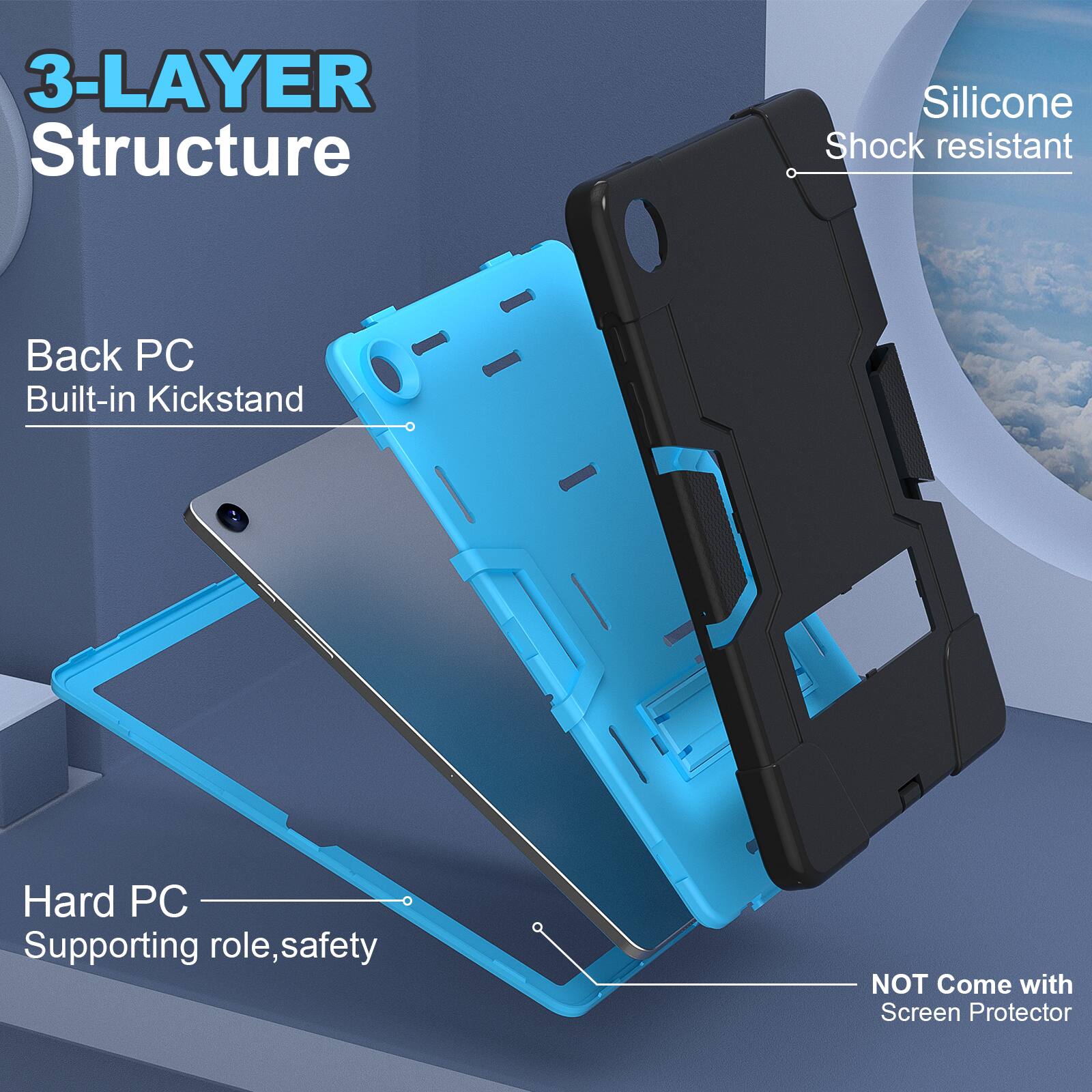 3-LAYER Structure Silicone Shock resistant Back PC Built-in Kickstand Hard PC Supporting role, safety NOT Come with Screen Protector