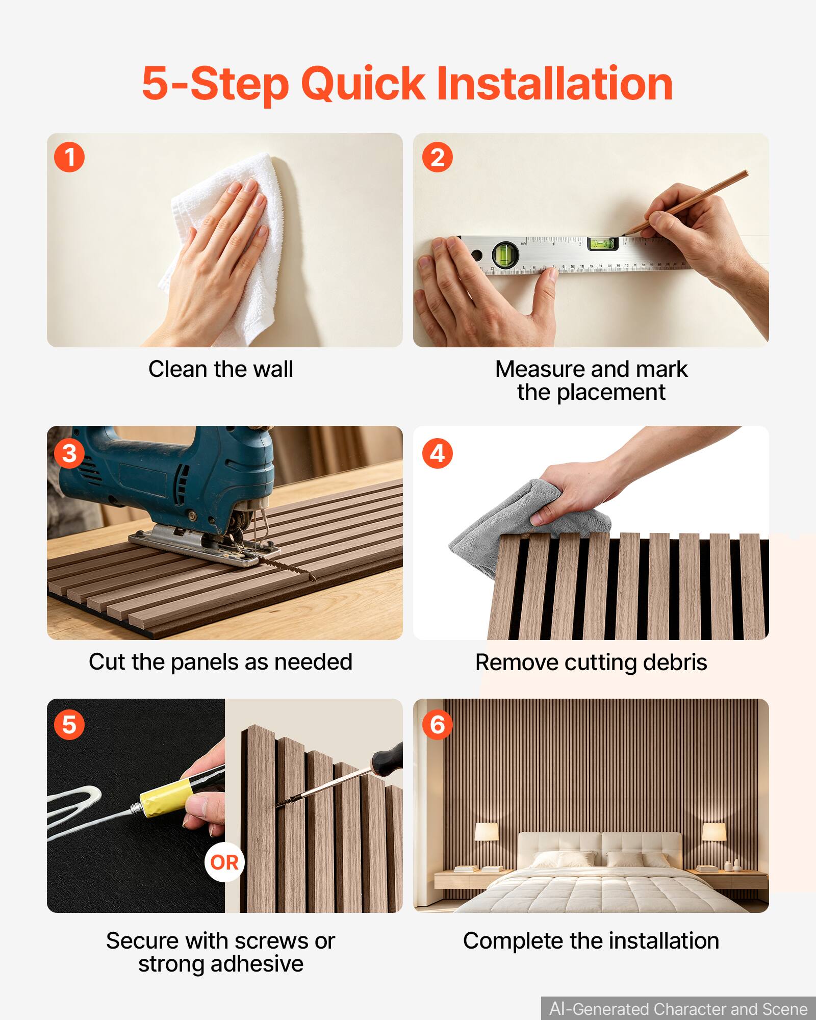 5-Step Quick Installation
1. Clean the wall
2. Measure and mark the placement
3. Cut the panels as needed
4. Remove cutting debris
5. Secure with screws or strong adhesive
6. Complete the installation