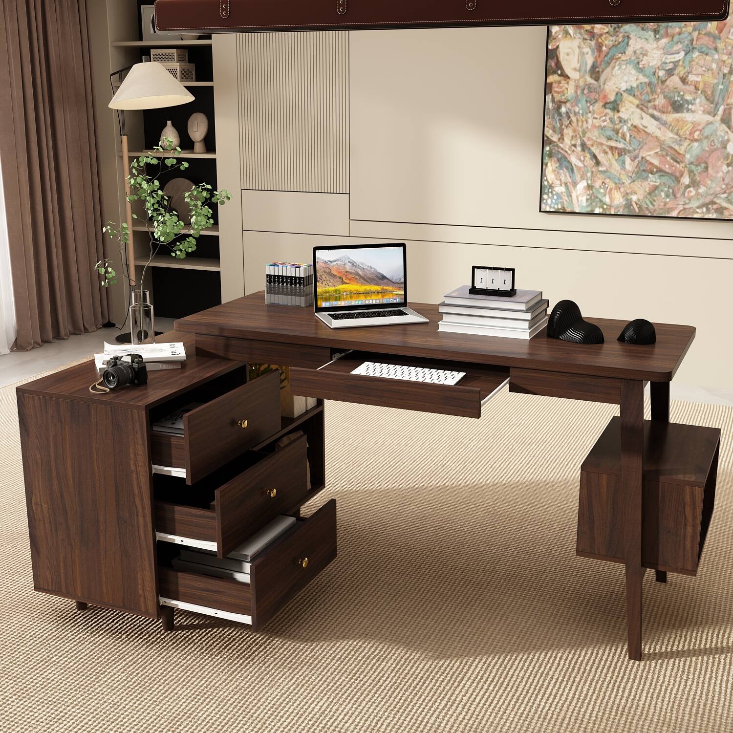 Alt View 4. Famapy - Famapy L - Shaped Convertible Desk: Adjustable Layout, Ample Storage & Sturdy Build - Brown.