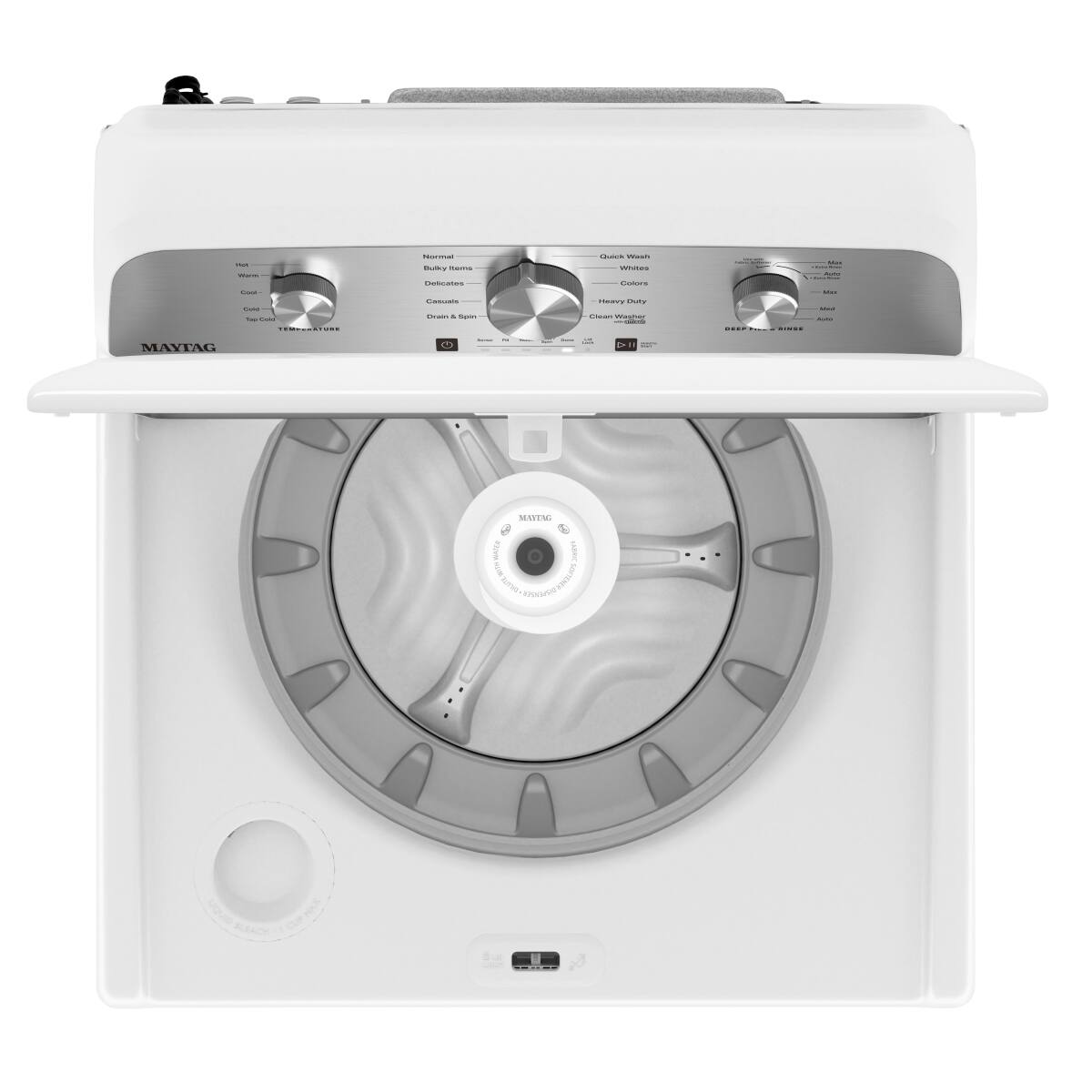 Sure, here is the corrected and grouped text from the image:

---

**MAYTAG**

**Top-Load Washer**

**Controls:**

- **Water Temperature:**
  - Hot
  - Warm
  - Cold

- **Wash Cycle:**
  - Normal
  - Bulky Items
  - Delicates
  - Casual
  - Drain & Rinse

- **Spin Speed:**
  - High
  - Low

- **Additional Options:**
  - Quick Wash
  - Whites
  - Colors
  - Heavy Duty
  - Clean Washer

- **Deep Water Wash**

**Features:**
- **ENERGY STAR**

**Model Information:**
- **MAYTAG**
- **MAV2000XW**

---

This text is organized to reflect the layout and labels on the control panel of the Maytag top-load washer.